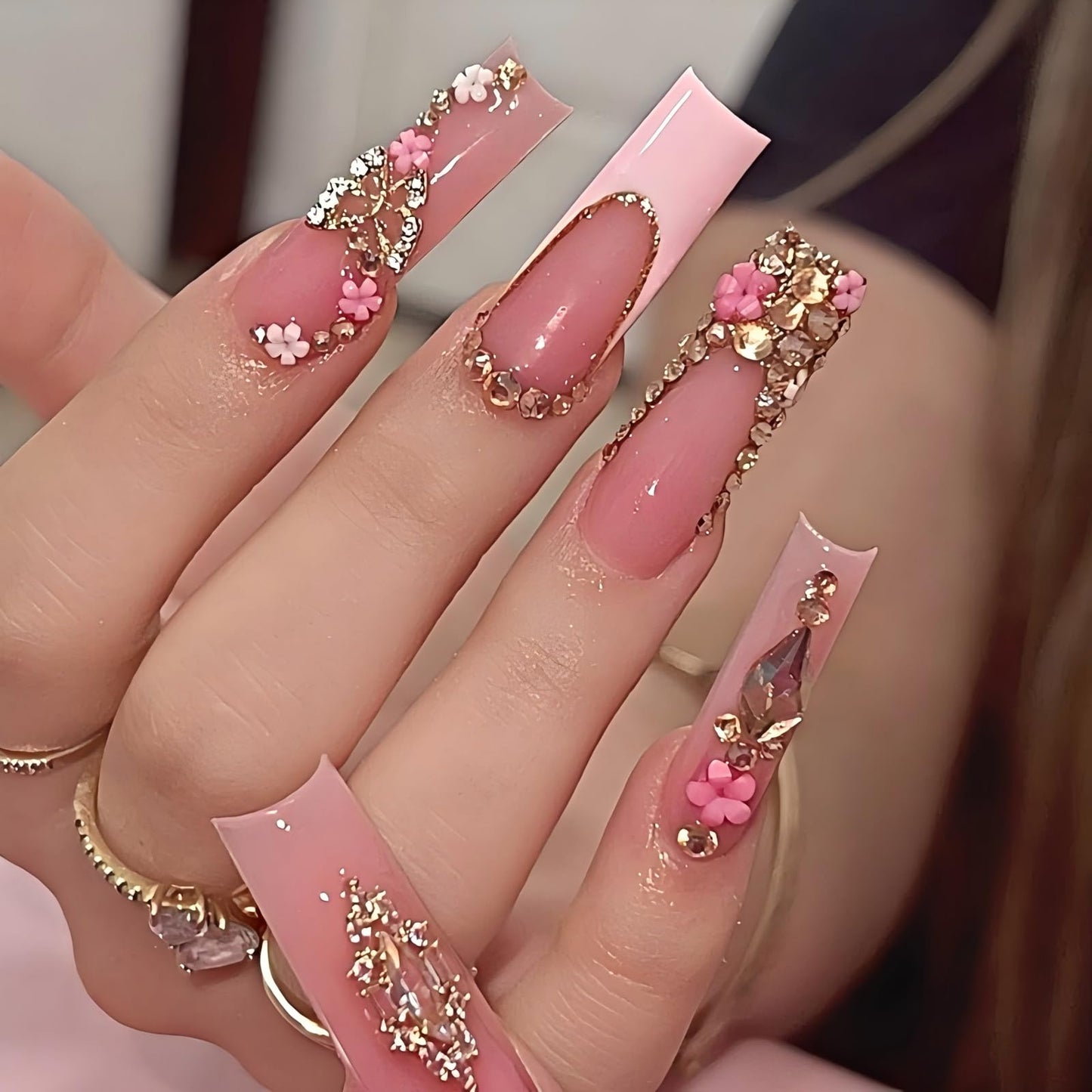 Luxury Handmade Press on Nails Long Square Fake Nails Summer Pink Press Ons with Rhinestones Flowers Design Reusable False Nails Full Cover Stick on Nail for Women Manicure 10Pcs (Size M)
