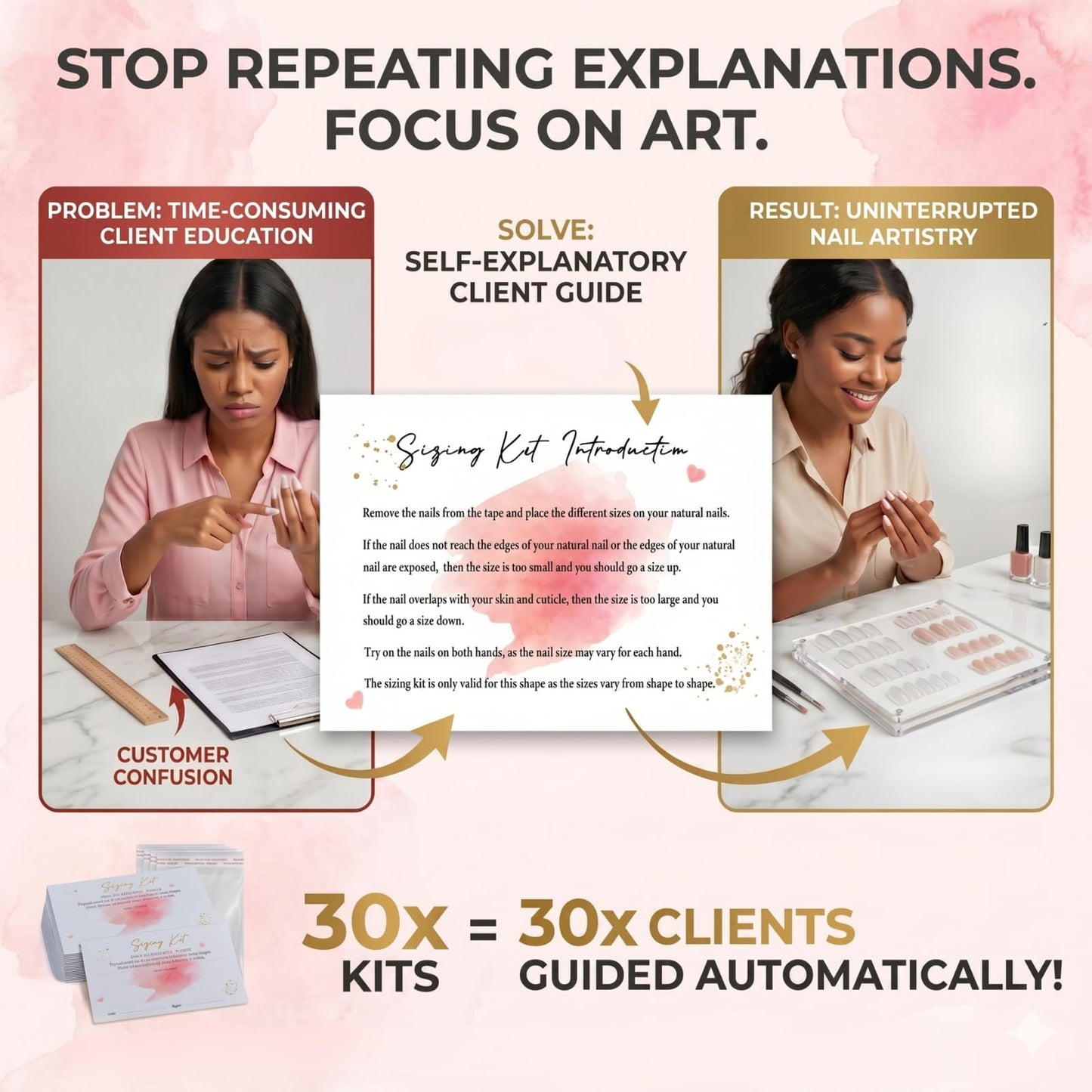 Press On Nails Sizing Kit Cards for Nail Business — 30 Pack Blank Size Chart Postcards, 5x7 Pink & Gold Foil, with Clear Bags, Press On Nail Business Supplies for Nail Tech