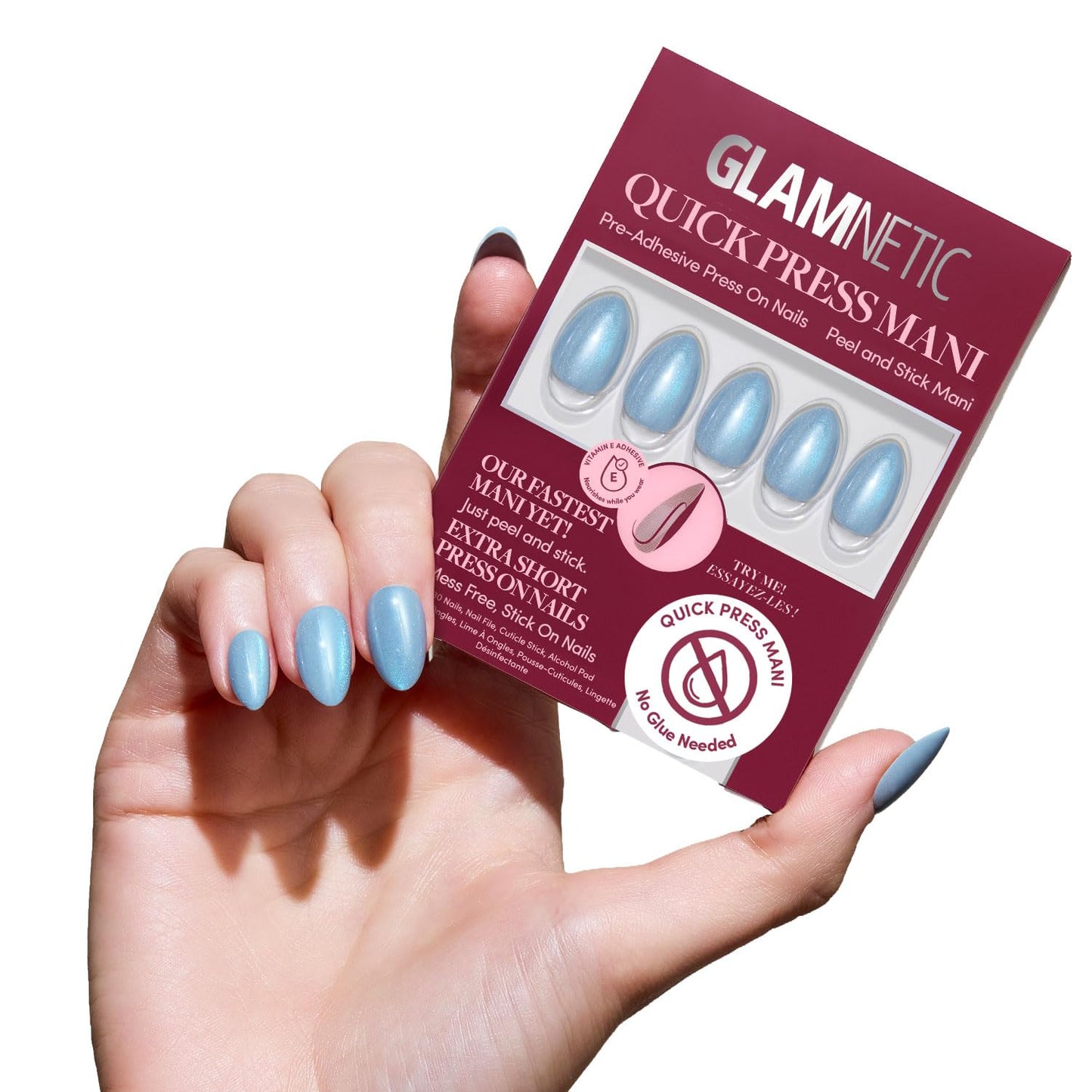 Glamnetic Quick Press Mani Bundle - No Glue Press On Nails, Just Peel and Stick | Nude Glazed, Sparkly Moss & Ocean Prism | Mess Free Salon Quality Stick On Nails | Oval & Almond Extra Short Nails