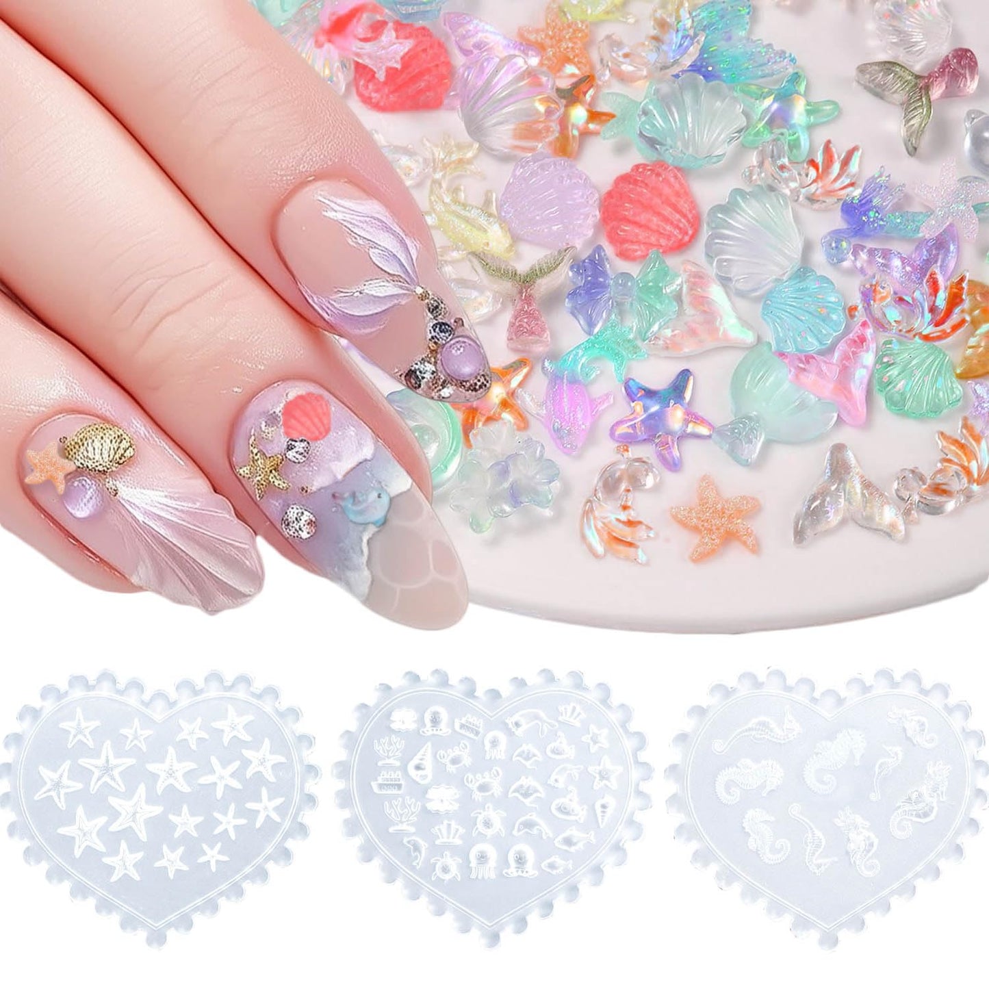 3D Silicone Nail Molds, 6Pcs Ocean Nail Art Molds Art Nail Silicone Mold with 103 Sea Charm Starfish Resin Seahorse Template Mould for Women Holiday Beach Nail Charms Accessories