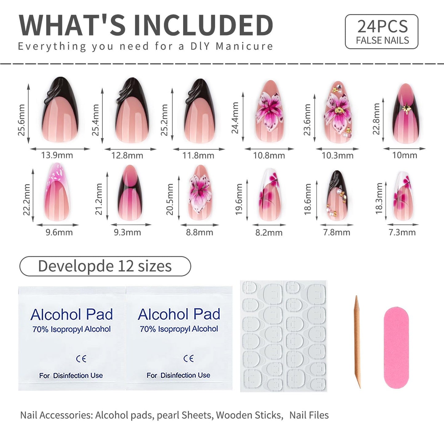 Purple Floral Press On Nails Almond Medium Long, Plum Gradient Fake Nails with Hand Painted Flower Design, Glossy French Tip Acrylic Nails, Reusable Stick On Nails Kit for Women, Elegant Salon Style
