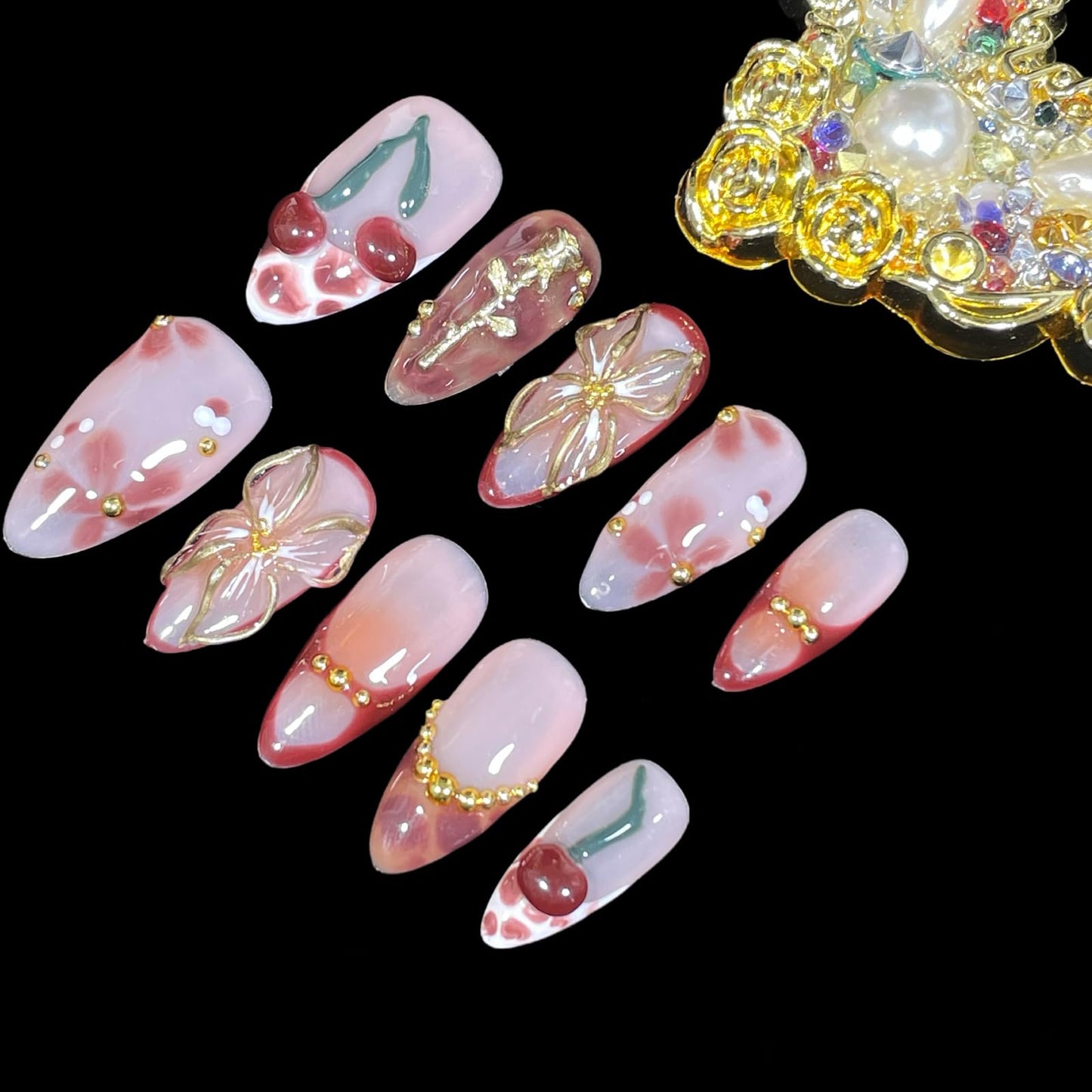 Handmade Press On Nails Medium Almond Elegant 3D Cherry & Gold Floral Accent False Nails | Nude Pink Base with Wine-Red Tips, Reusable Acrylic Fake Nails (Wine Cherry, S)