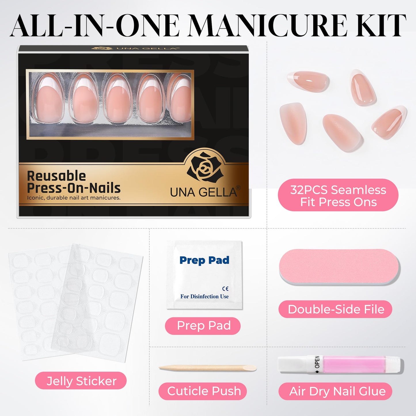UNA GELLA Press on Nails Almond - 32Pcs 16 Sizes Nude Pink Fake Nails with Starburst Rhinestones, Soft Gel False Nails, Reusable Glue on Stick on Nails for Women DIY Manicure