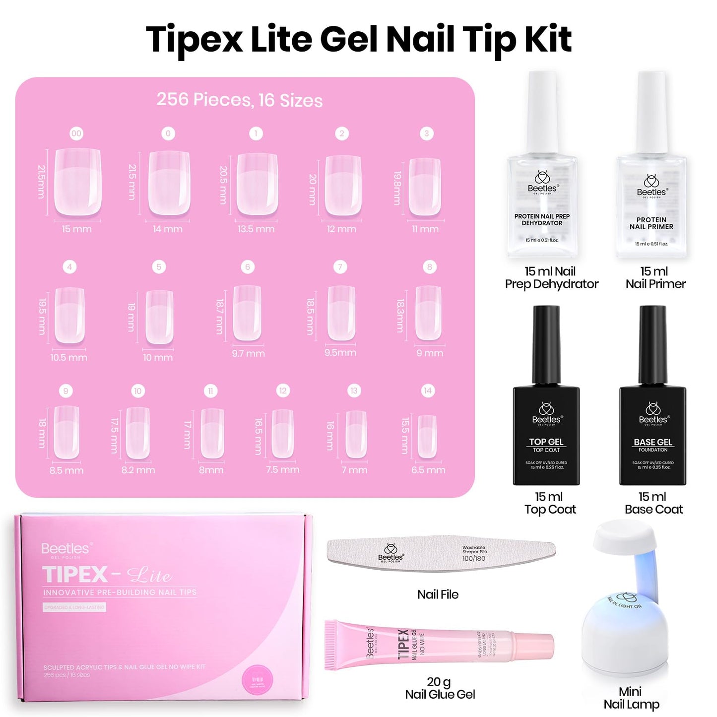 Beetles Tipex Lite Nail Tips Kit with Dehydrator & Primer, Short Square Full Cover Clear Nails 256PCS 16 Sizes, Mini UV Lamp, 20g Solid Nail Glue, Base & Top Coat, All-in-One Nail Starter Kit