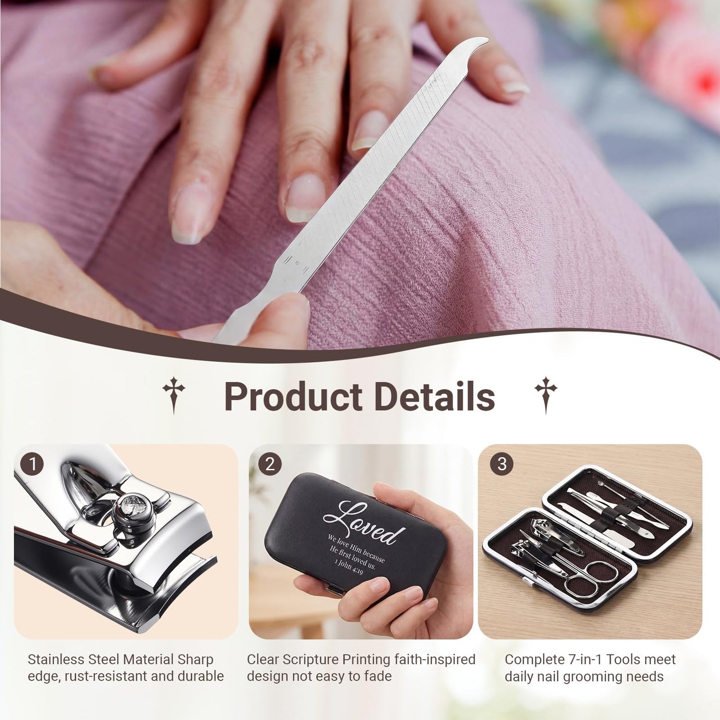 ElaraBerry 24 Set Christian Manicure Gift Set for Women Inspirational Bible Verse Stainless Steel Nail Clippers 7 in 1 Grooming Nail Kit Religious Appreciation Gift for Employee Teacher Mother Nurse