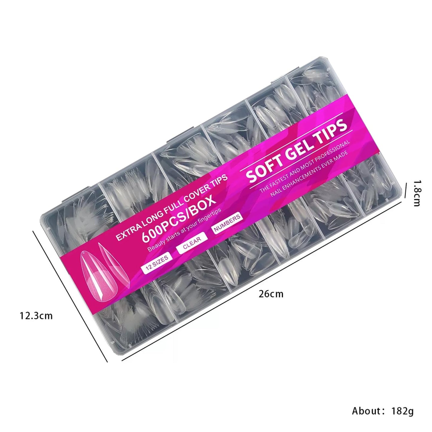 Medium Almond Nail Tips, 600pcs Soft Nail Gel Tips Pre-Shaped Acrylic Fake Nails, Half Matte Full Cover Clear Jelly Press on False Nail Tips for Extension Nail Manicure Home DIY 12 Sizes for Women