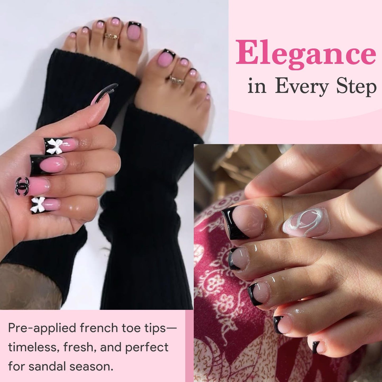 Qiek Toenail Press Ons French Tip, Berry Pink Black Elegant False Toe Nail Extension 15 Sizes 270 Pcs Sharp Square Acrylic Tips Pre-applied Nail Primer & Base Coat Full Cover for DIY Home 2025 Summer