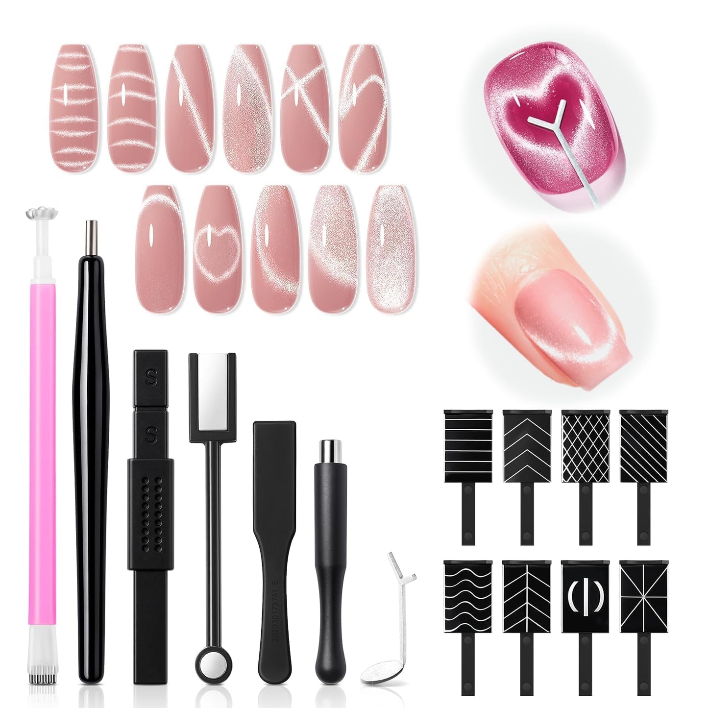 modelones Cat Eye Magnet, 15PCS Cateye Gel Polish Nail Magnet Nail Tools with Black Bead-Attracting Nail Magnet Pen & Heart-Shaped Magnet for Nail Perfect for Home DIY, Nail Art Design
