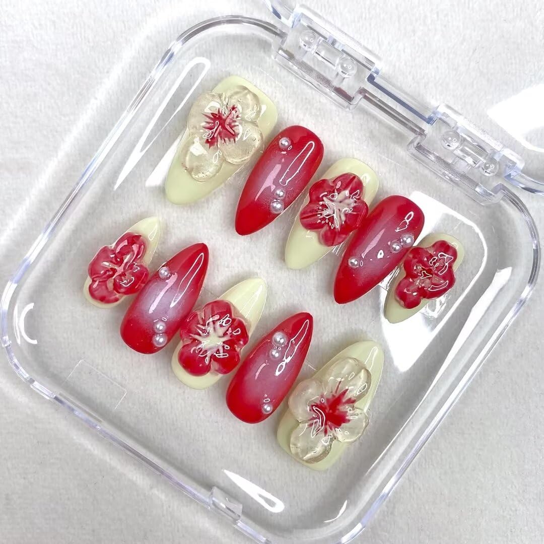 10PCS Handmade Nails Press On Nails Almond 3d fake nails short False Nails Women's Nails Kit acrylic cherry hand painted heart nails short,Small size
