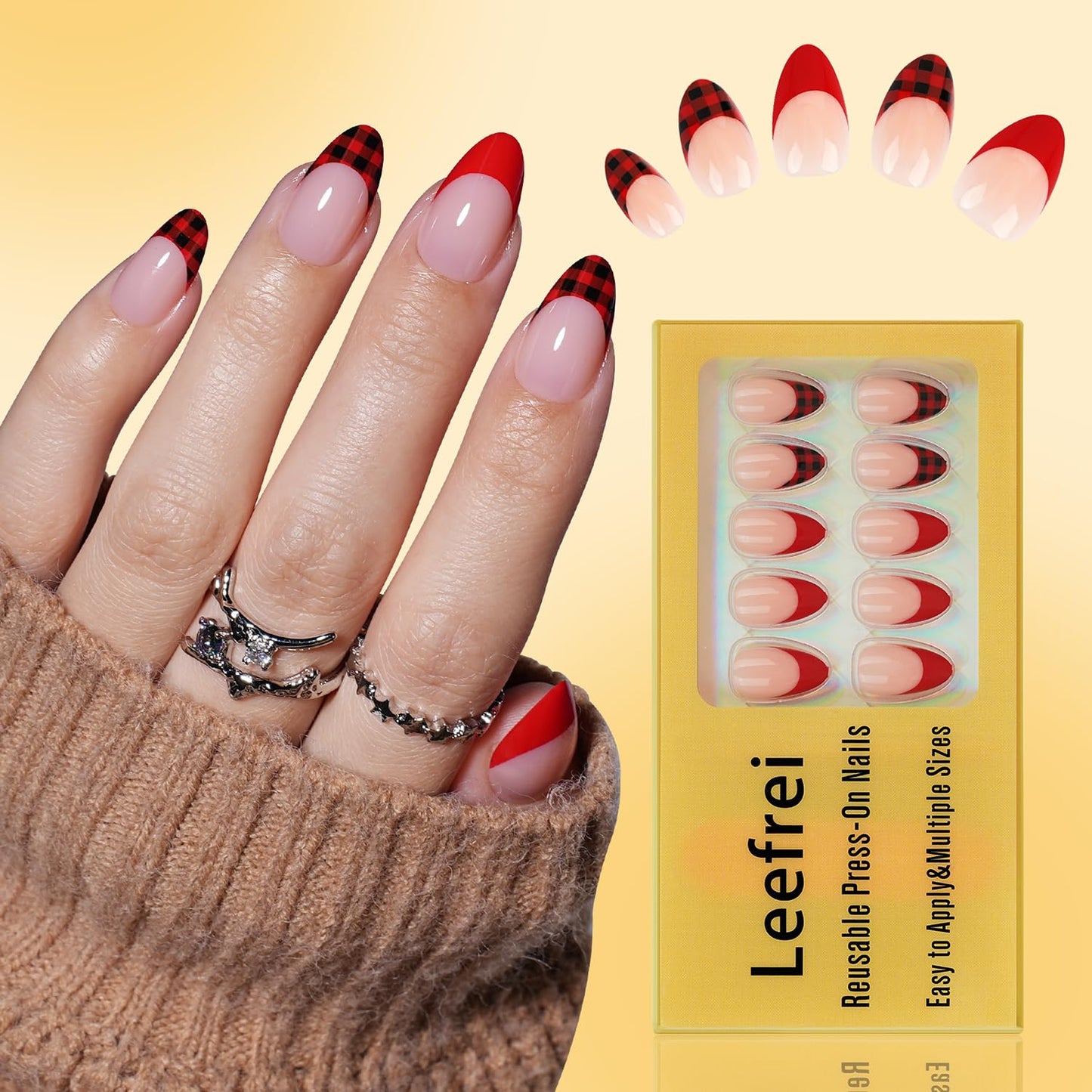Leefrei French Tip Press on Nails - Glossy Red Press on Nail, Short Almond Fake Nails Reusable Nails Press ons for Women, 32 Pieces in 16 Sizes False Nails Kit with Glue, Tartan Cheer