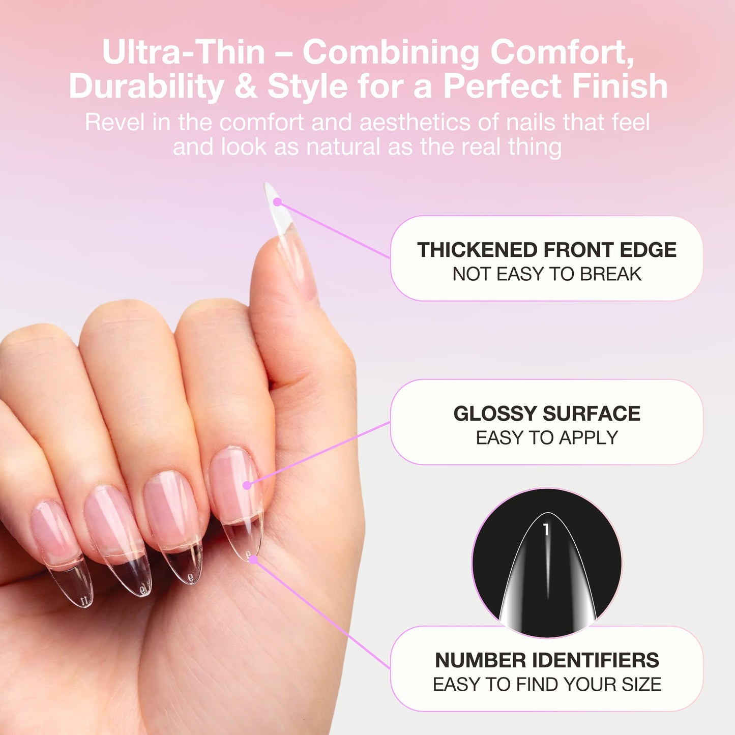 Curacoro Sculpted Short Almond Gel Nail Tips 420Pcs, Clear Full Cover Soft Acrylic Tips 14 Sizes, Easy to Use, Long-Lasting, Glossy Finish