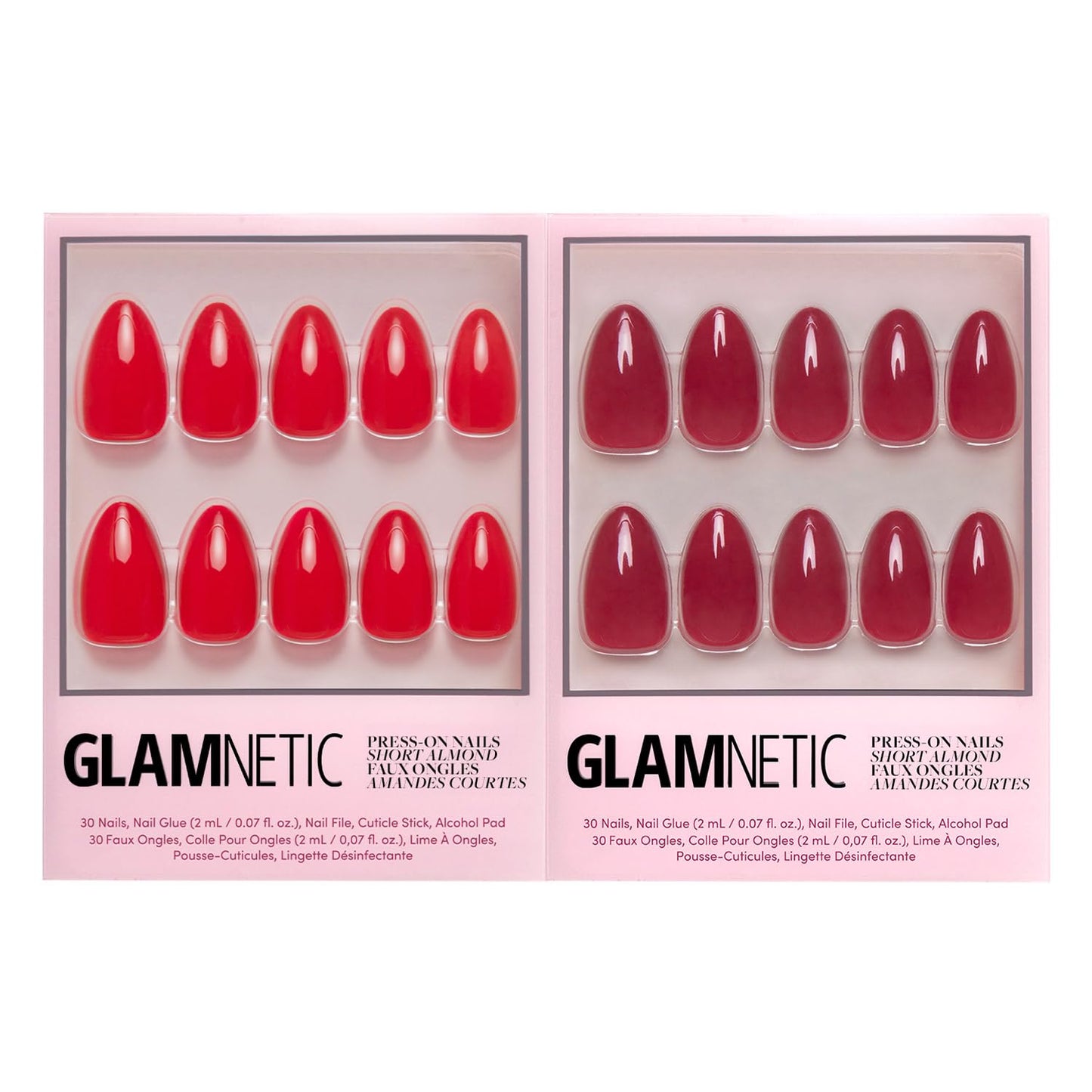 Glamnetic Press-On Nails Bundle - Fiery & Classic Red | Opaque Bright Short Almond Fake Nails | Opaque Cool Tone, Timeless Red Short Almond False Nails | Reusable Salon-Quality Nail Kits