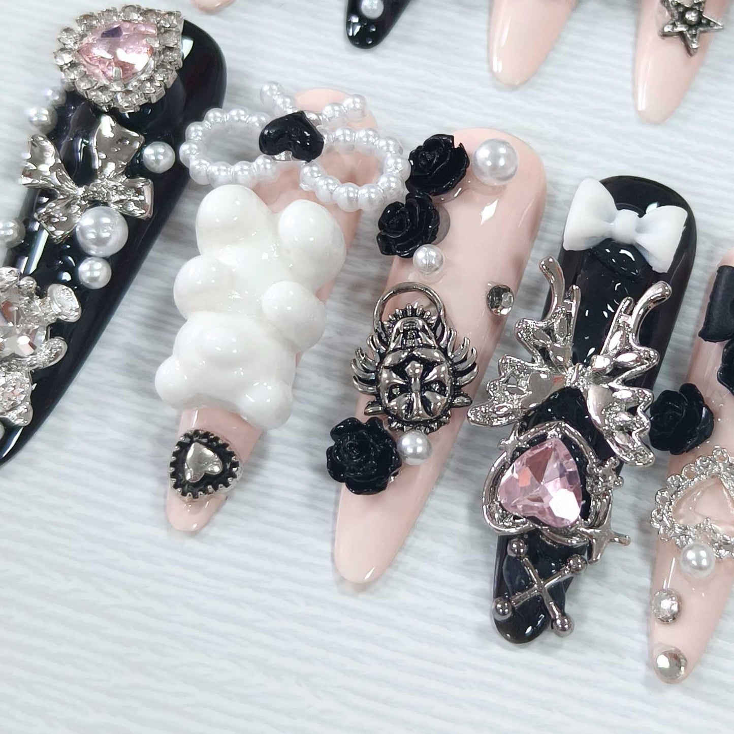 Hantyer Gothic Press on Nails with little Bear & Silver Charms, Long Stiletto Glossy Dark Cute Fake Nails, Reusable Black Kawaii False Nails for Women Horror Party Halloween Special Occasion (Size S)