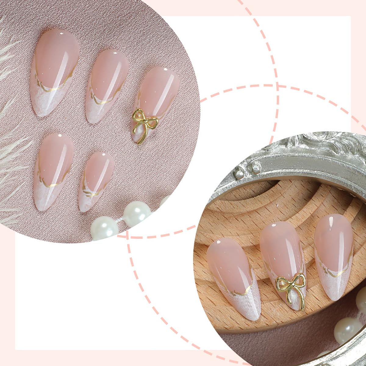 24Pcs White French Tip Press on Nails Medium Almond Fake Nail 3D Gold French Line Pink Nails Glossy Designs Full Cover Stick on Nail Acrylic Glue on Nail Chrome False Nails for Women Manicure Salon
