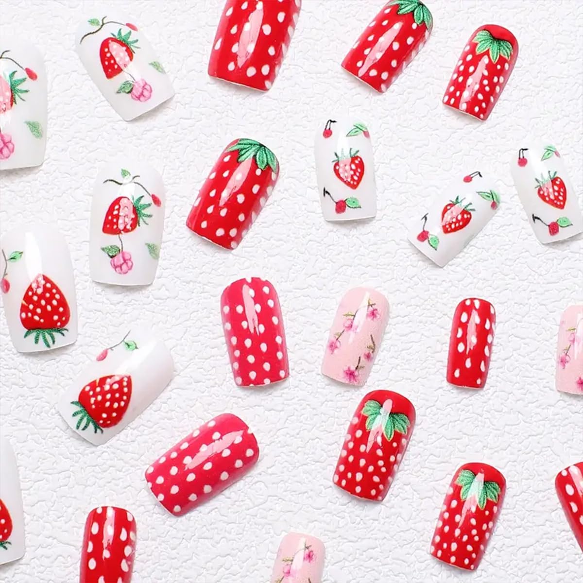 24Pcs Cute Press on Nails Medium Square Fake Nails Red Strawberry False Nails with Flower Design Full Cover Glue on Nail Cute Reusable Acrylic Nails Kit Holiday DIY for Women Girls