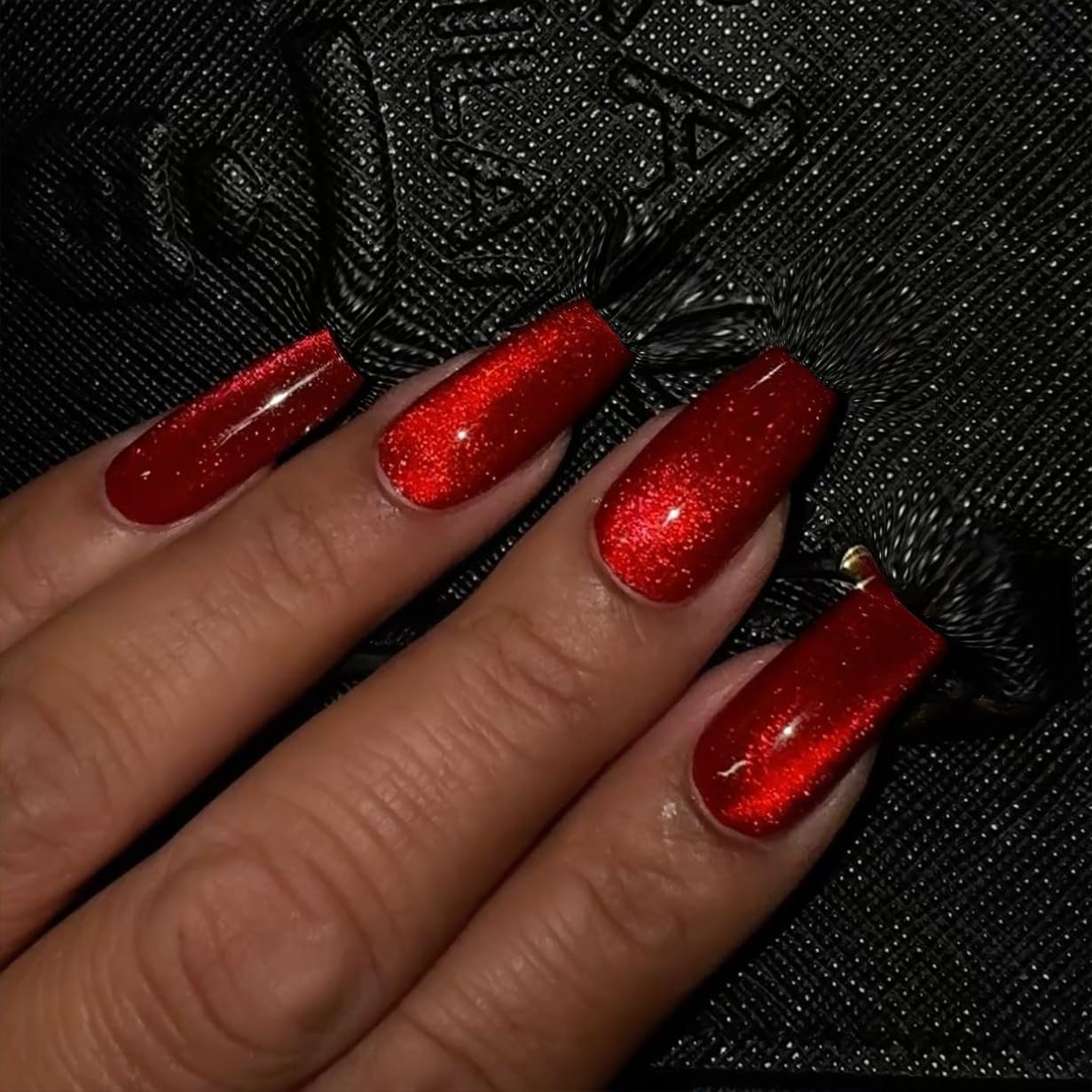 KQueenest Cat Eye Press on Nails Long Medium Square, Glitter Dark Red Fake Nails Press ons Coffin, Press on Acrylic Nails Bling Chrome Glue on Nails for Women Birthday Party Salon Manicure, 30 Pcs