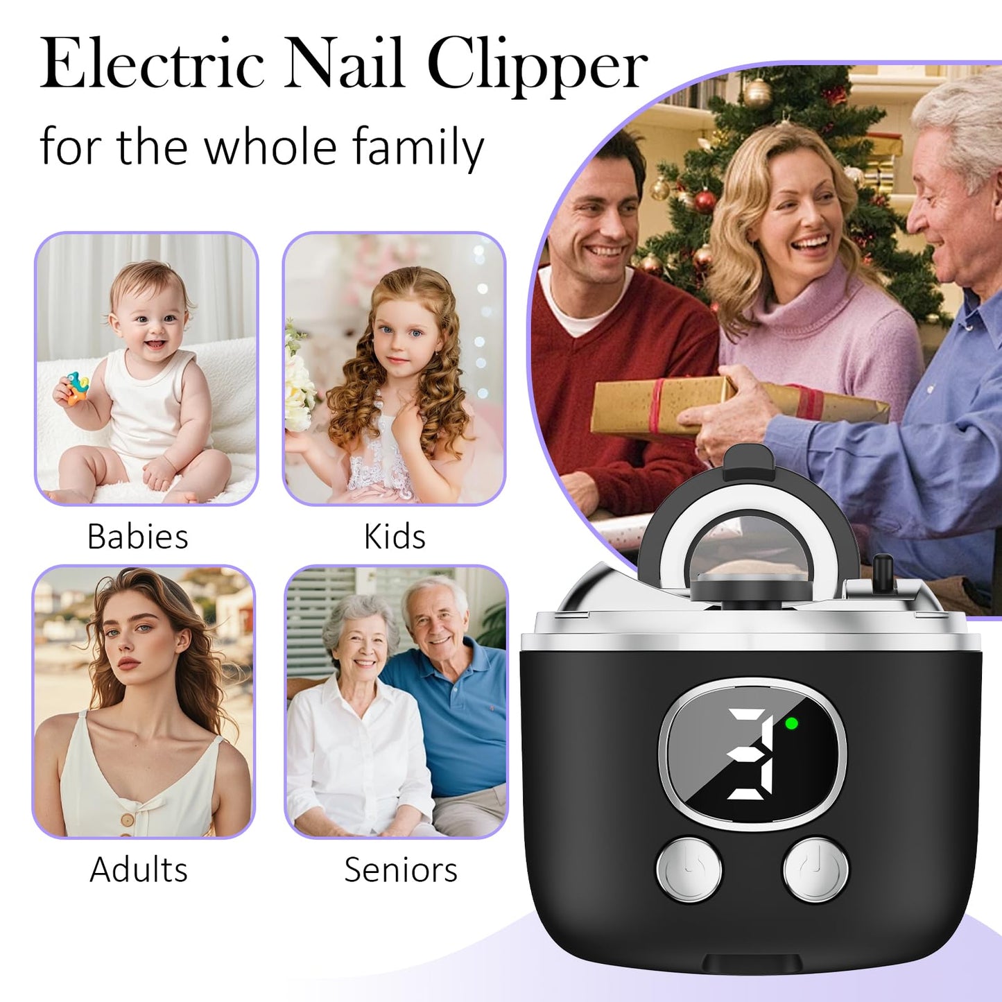 YunLuna 2026 New Electric Nail Clipper, 3-Speed Fingernail Trimmer with Magnifying Glass & Adjustable Trim Slot, Automatic Nail Clipper/Polisher/Grinder with Light Safe for Seniors Adults Kids, Black