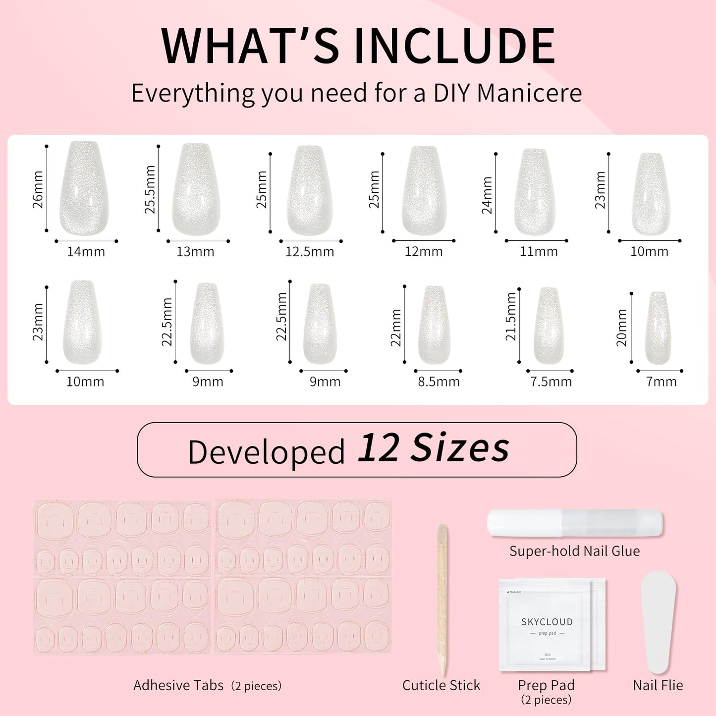 Skycloud White Eyes Press On Nails, 12 Sizes - 24 Pcs Soft Gel Medium Coffin False Nails Kit with Glue, Natural Reusable Stick On Nails for Women & Girls (SK0720)