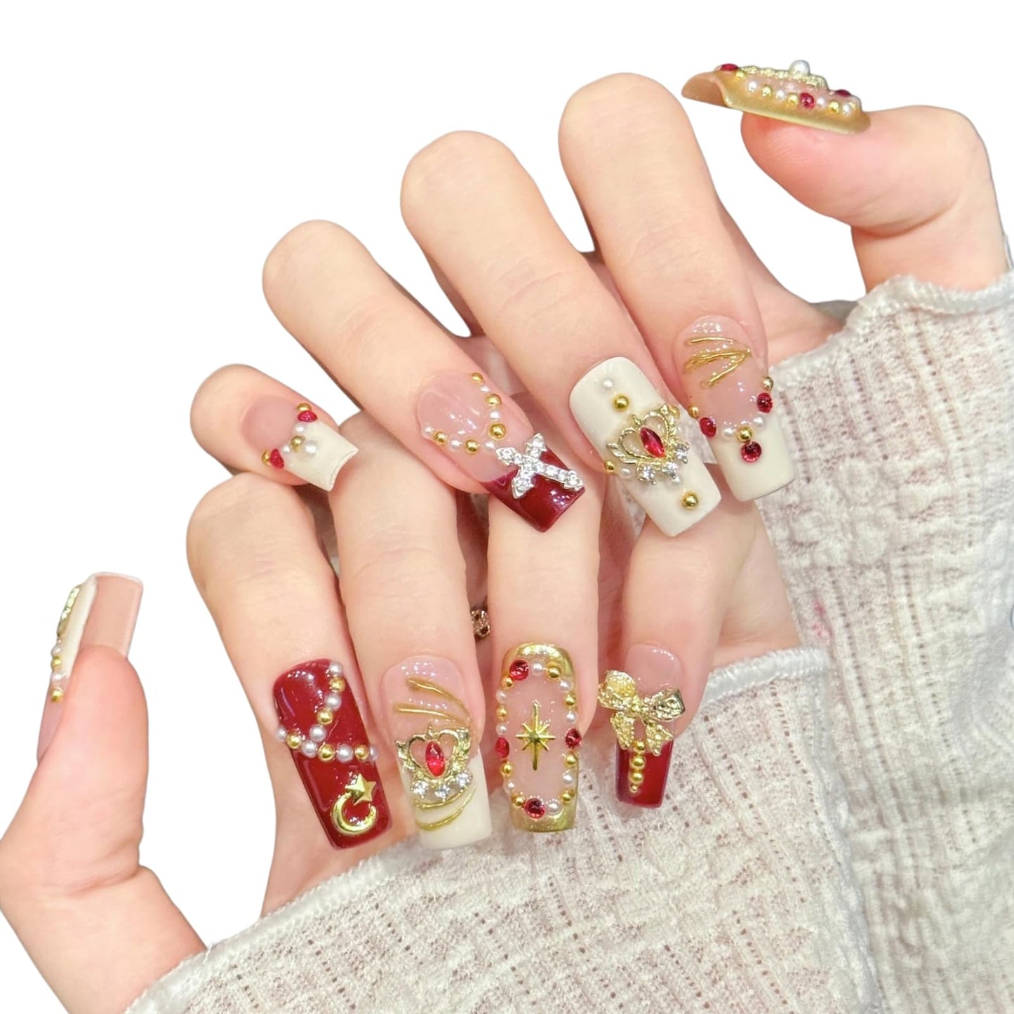 Tesytto Handmade Press on Nails Red Vintage Baroque, Medium Square Fake Nails with Gold Cross Crown Bow Pearl Rhinestone, Reusable Glue on Nails Royal Gothic Wedding Nails,10 Pcs (Red Gold Classic,M)