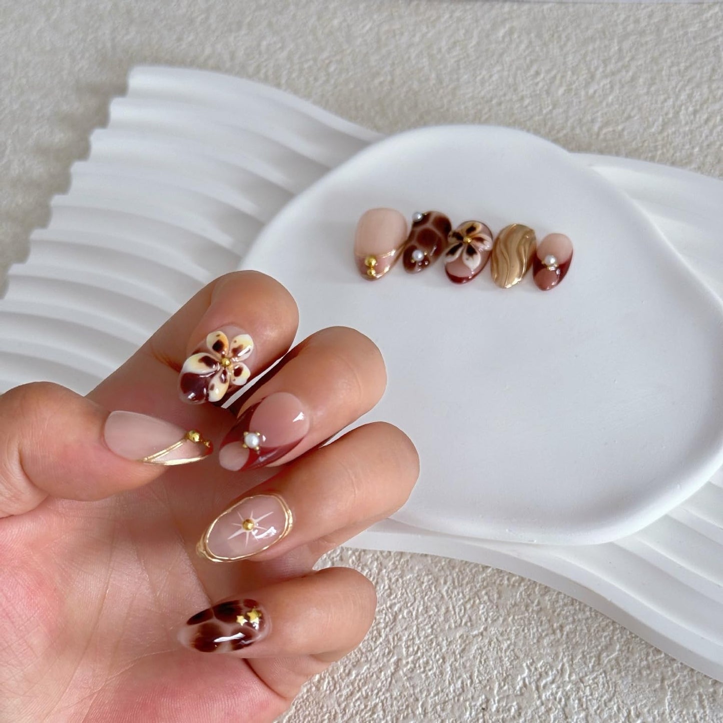 Handmade Press on Nails Almond, Brown Acrylic Nails Medium, 3D Flower and French Tip Amber Gold Chrome For Women Gift, Handmade Reusable Stick on Nails Kit With Nail Glue (Size M)
