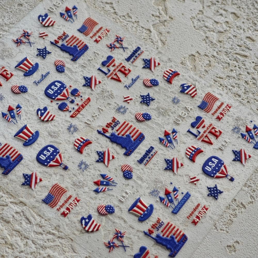 Independence Day Nail Stickers Star Self-Adhesive Balloon 5D Embossed Statue of Liberty Summer Nail Decals 4th of July Nail Designs Firework Nails Art Decoration for Women Manicure 1 Sheet