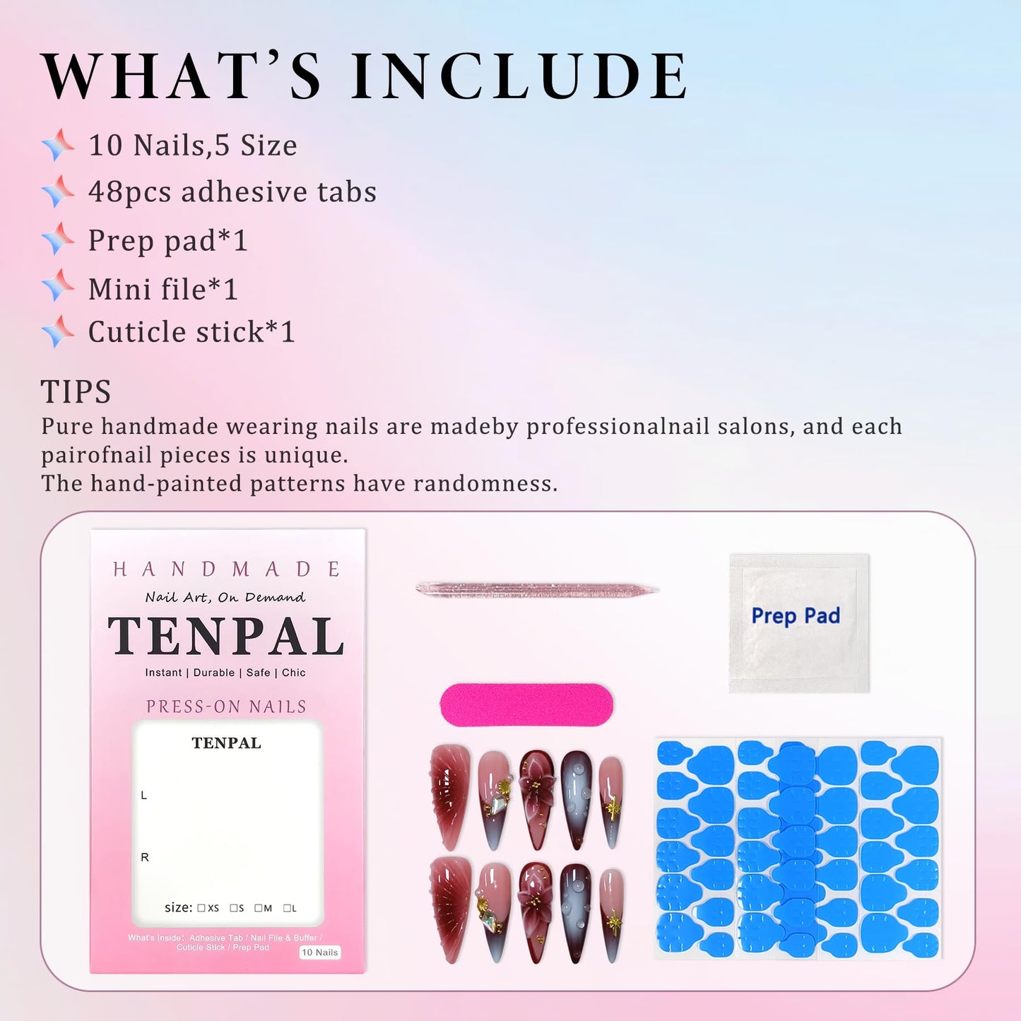 TENPAL Stiletto Press on Nails - Wine Brown Blushing French Fake Nails with 3D Floral Teardrop Design,Glossy False Nails with Tools,Handmade Glamorous Winter Style Glue on Nails for Women Girls(M)