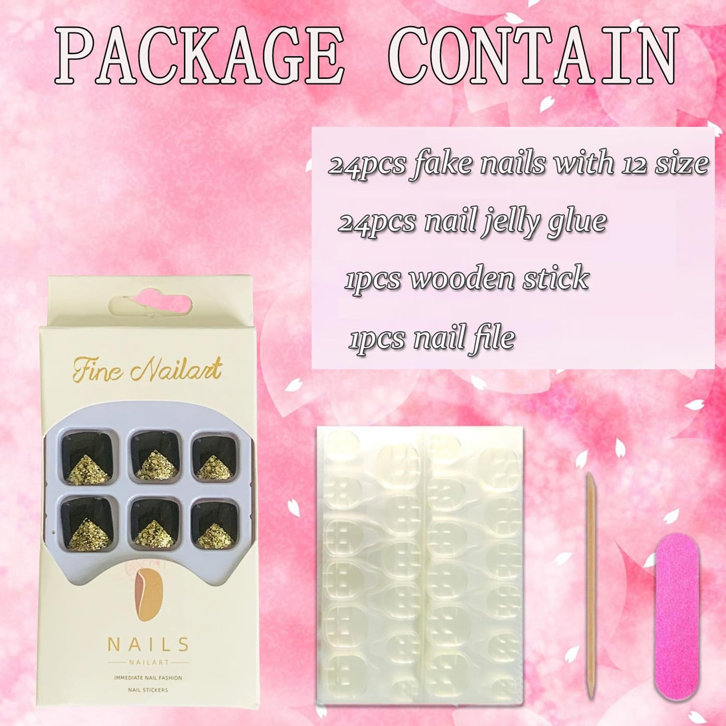 Vezocim Black False Nails Sets, Press on Toenails Coffin with Gold Glitter Designs, Full Cover Artificial Acrylic Fake Nails for Toe, Glue on Toenails with Charm, Stick on Toe Nails for Women