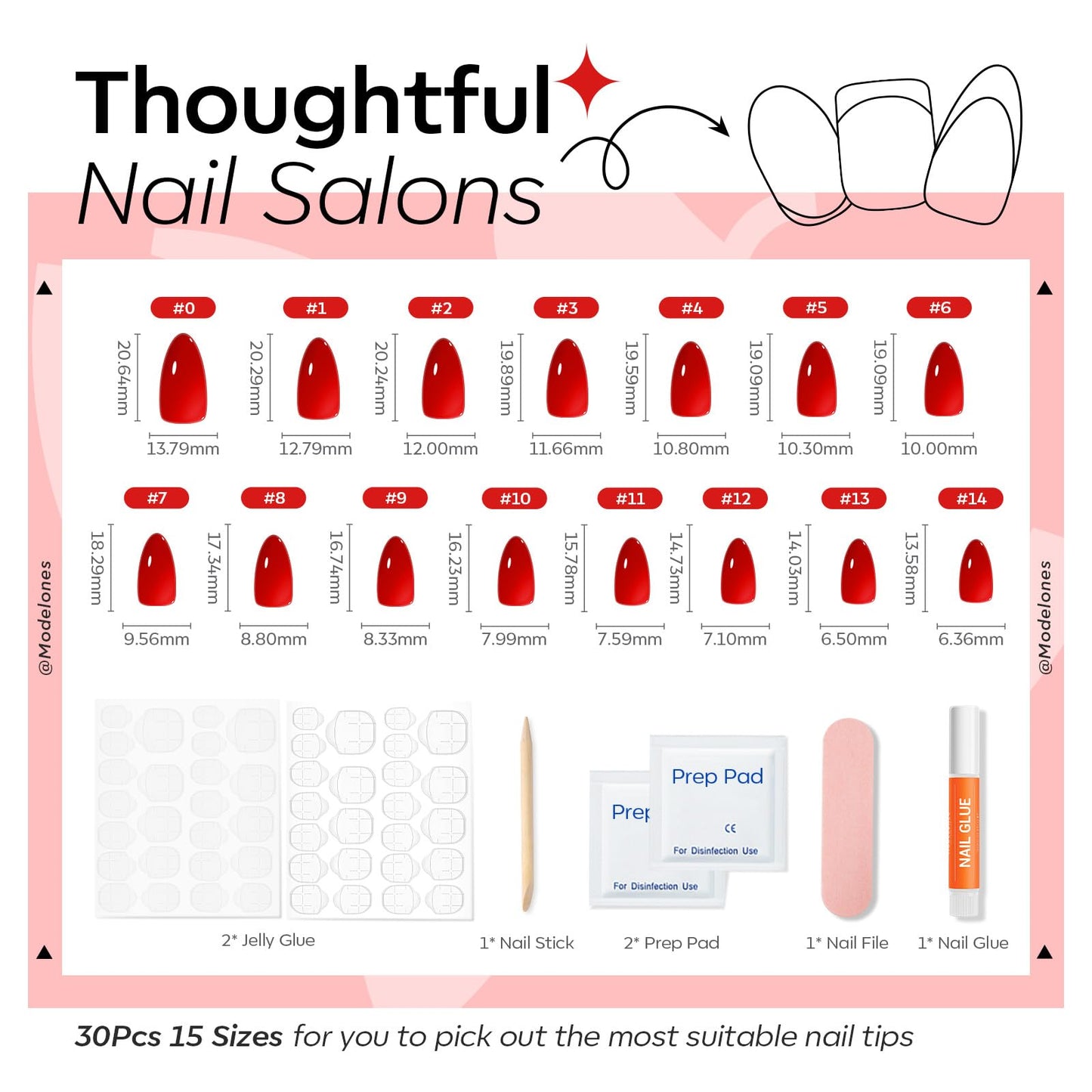 Modelones Sheer Red Press on Nails Almond, Spring Short Fake Nails, Reusable Nail Kit with Nail Glue Adhesive Tabs Mini Nail File, Nails Press Ons 30Pcs 15 Sizes, Women Girl Gift