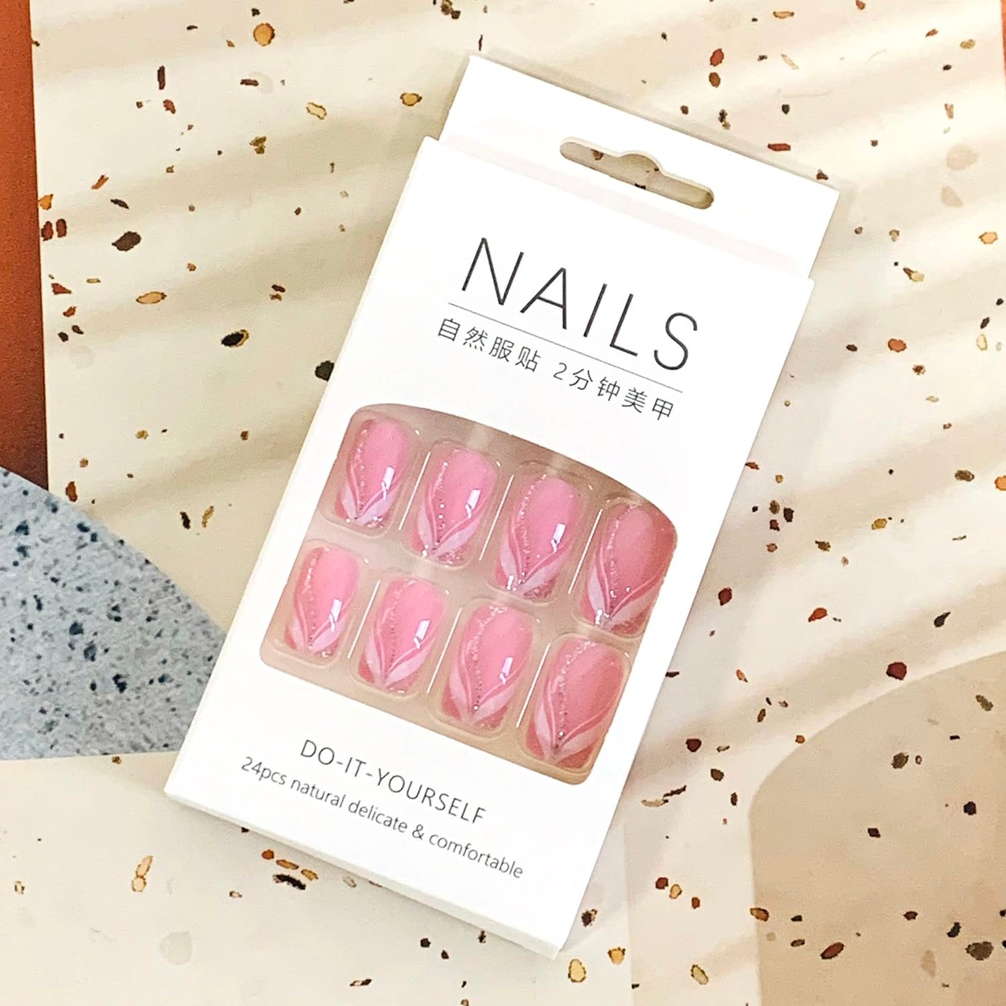Vezocim Pink Artificial Fake Square Nails, 24Pcs Press on Nails Medium Coffin with French Line Designs, Glossy Full Cover Acrylic False Nail, Glue Fake Fingernails with Charm for Women