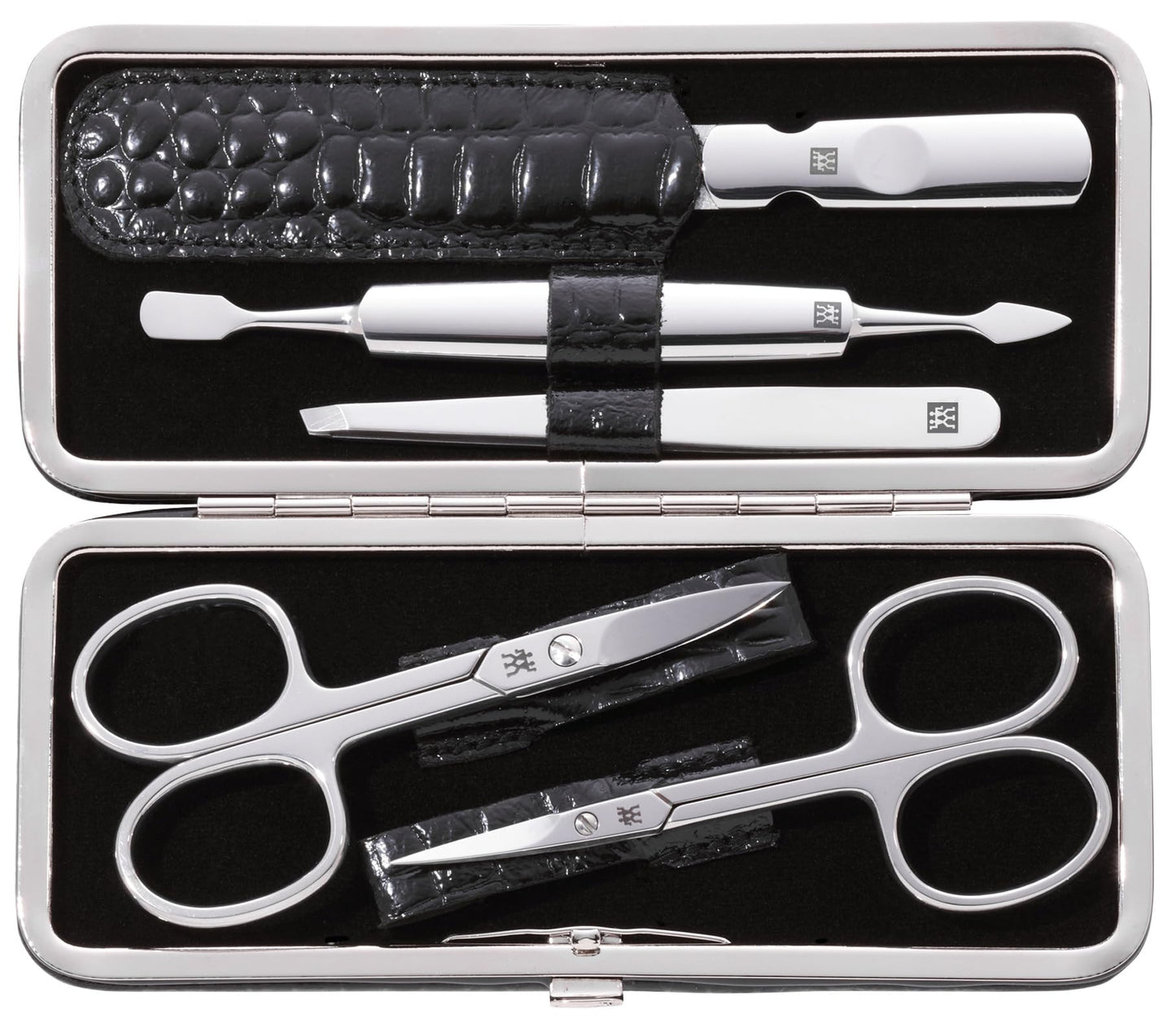 ZWILLING Manicure Set (5 piece, for fingernail and toenail care, genuine leather case with metal frame), Polished Stainless Steel, Crocodile Edition, Black
