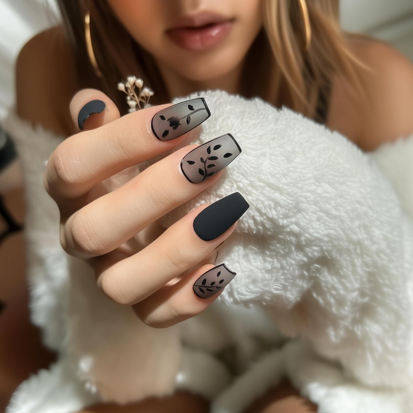 Fine Point Handmade Salon-Quality Fake Nails, Short Press On Nails, 3D Design, Matte Black Lace, See-Through, Elegant Reusable Acrylic Nails, 10 Pieces (Size Medium)