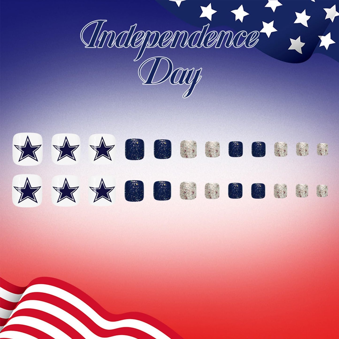 4th of July Press on Toenails Short Square Blue Star Fake Toe Nails Independence Day Glitter False Toenails Glossy White Toe Nail Press ons Acrylic Stick on Toes for Women 24Pcs
