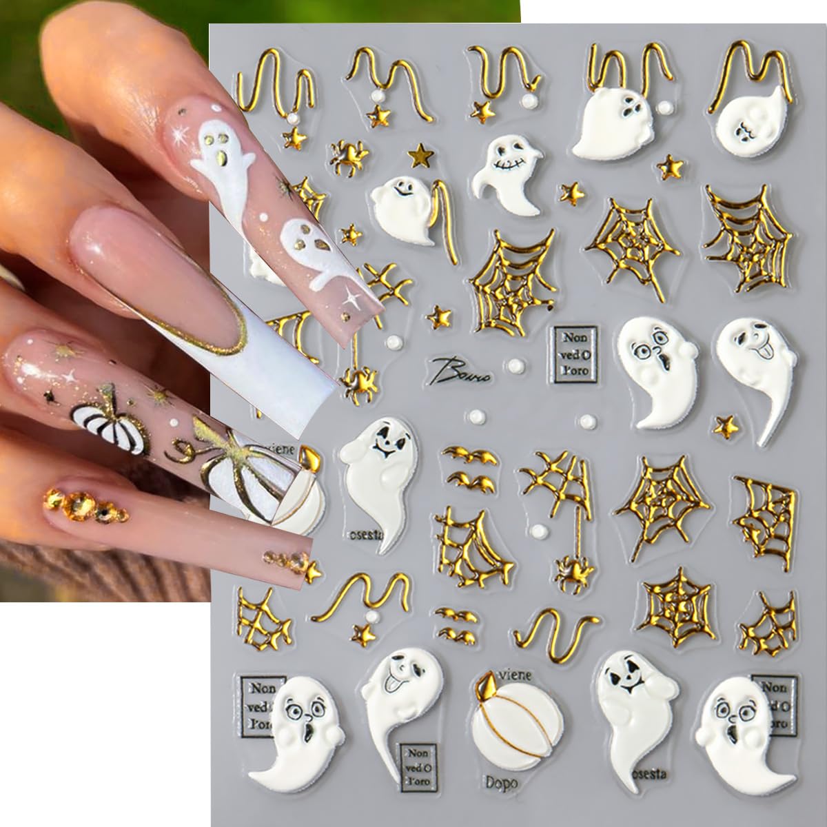 Halloween 5D Embossed Gold Spider Web Nail Art Stickers Cute Ghost Nail Art Decals Self-Adhesive Pumpkin Nail Decals Star Bat Nail Stickers Holiday Nail Supplies for Women Acrylic Nails 6 Sheets