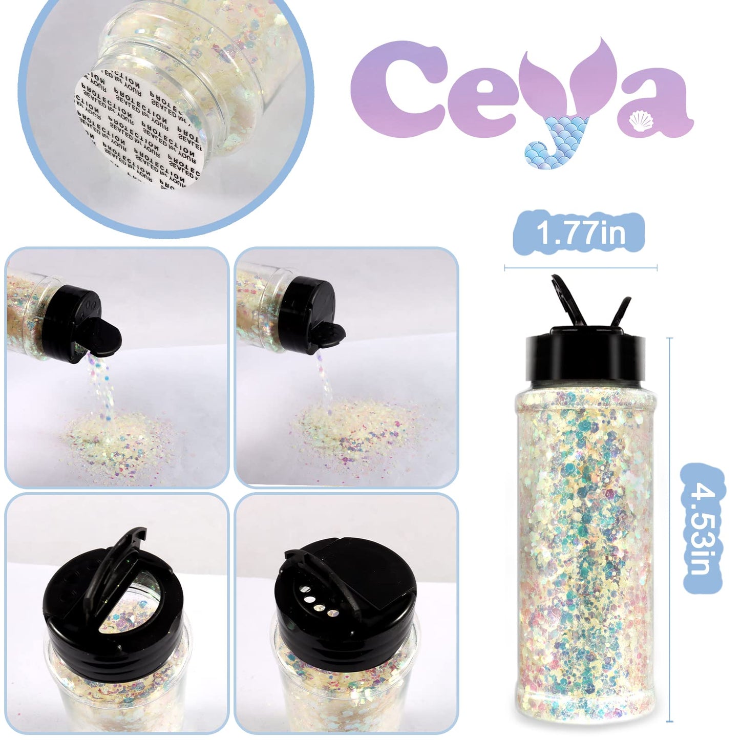 Ceya Glow in The Dark Glitter, 3.3oz/ 95g White Luminous Chunky Glitter Mix Fine Powder Flakes Fluorescent Nail Sequins for Epoxy Resin, Tumblers, Halloween Party, Festival Decor