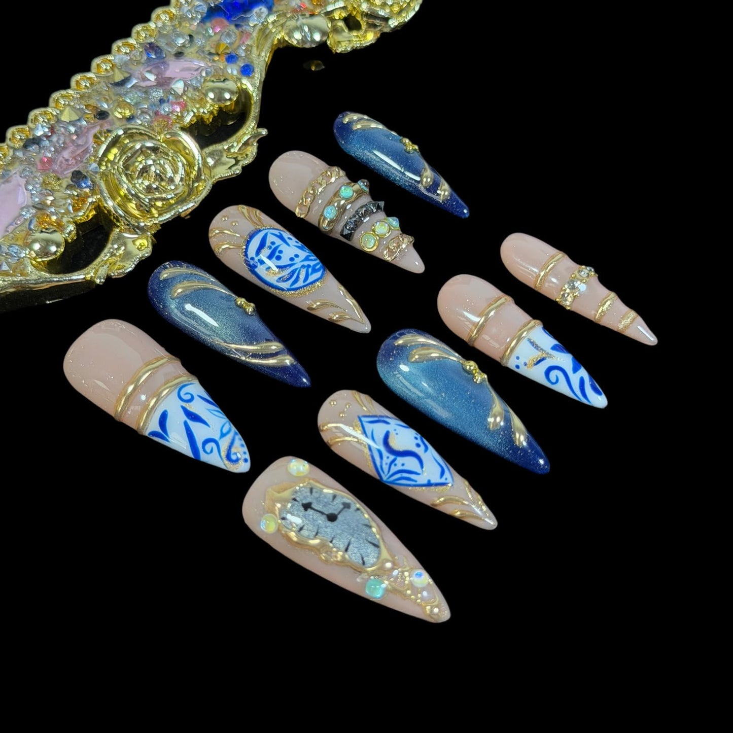 3D Handcrafted Press On Nails, Luxury Fake Nails with Porcelain Pattern, Ring Jewelry Inspired & Unique Clock Face Design, Reusable Acrylic False Nails Navy Blue (S)