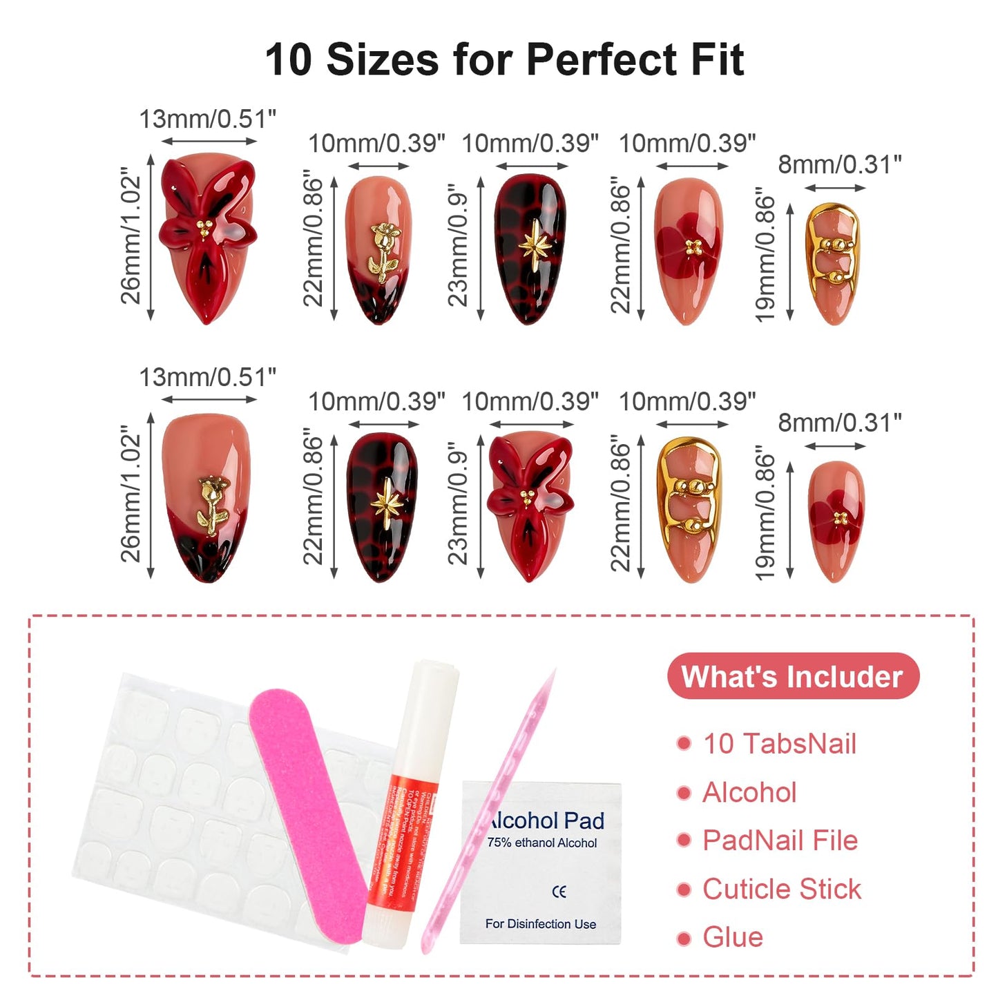 LTXHZYYL Handmade Press on Nails Almond 3D Floral Design Reusable ABS Full Cover False Nails Kit — Luxury Medium French Tip Glossy Acrylic Fake Nails for Women