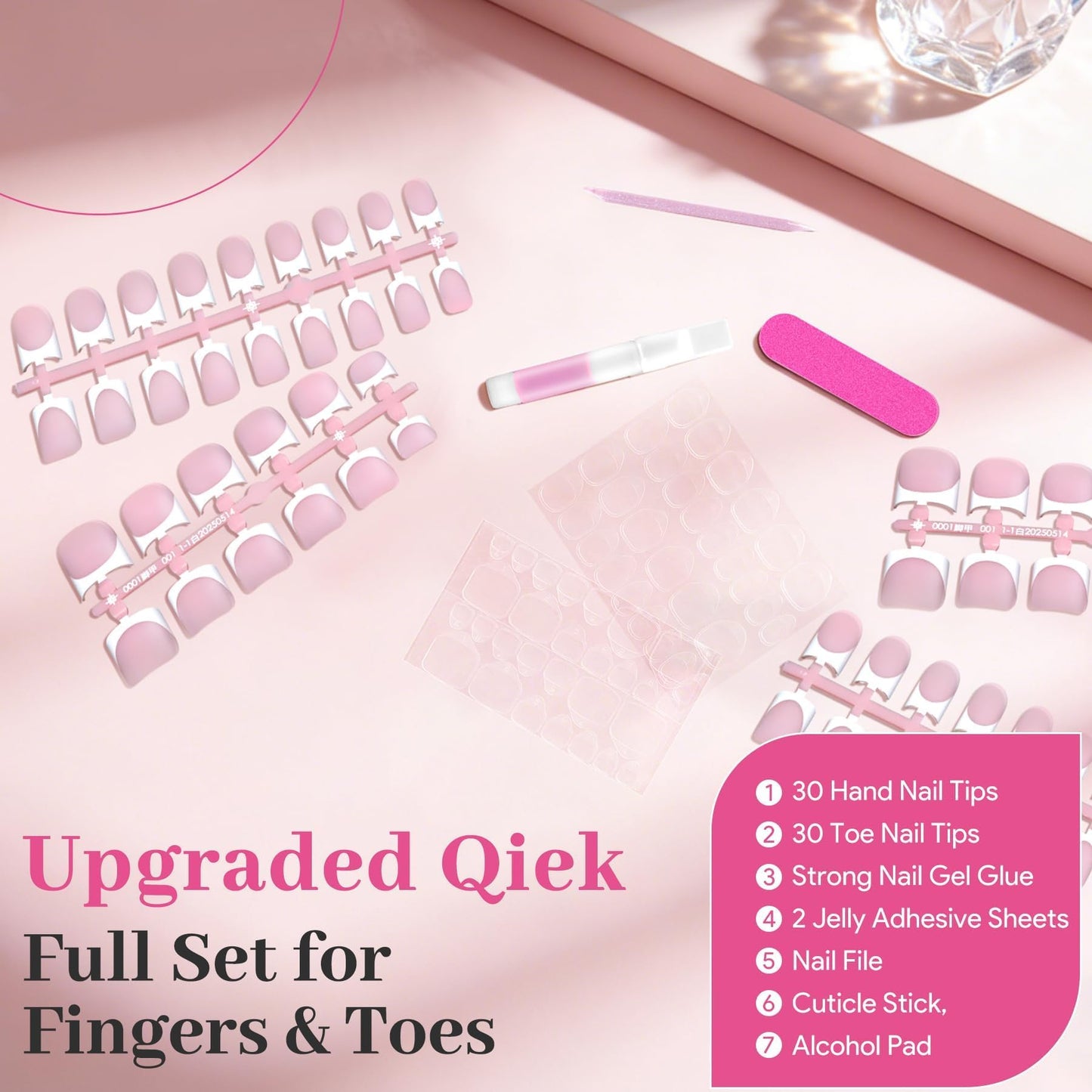 60Pcs Light Pink French Tip Press on Nails & Press on Toenails Set, Square Fake Nails Kit with Nail Glue, 15 Sizes Acrylic Full Cover Toe Nail Press Ons Stick on Nails for Women DIY Home Manicure