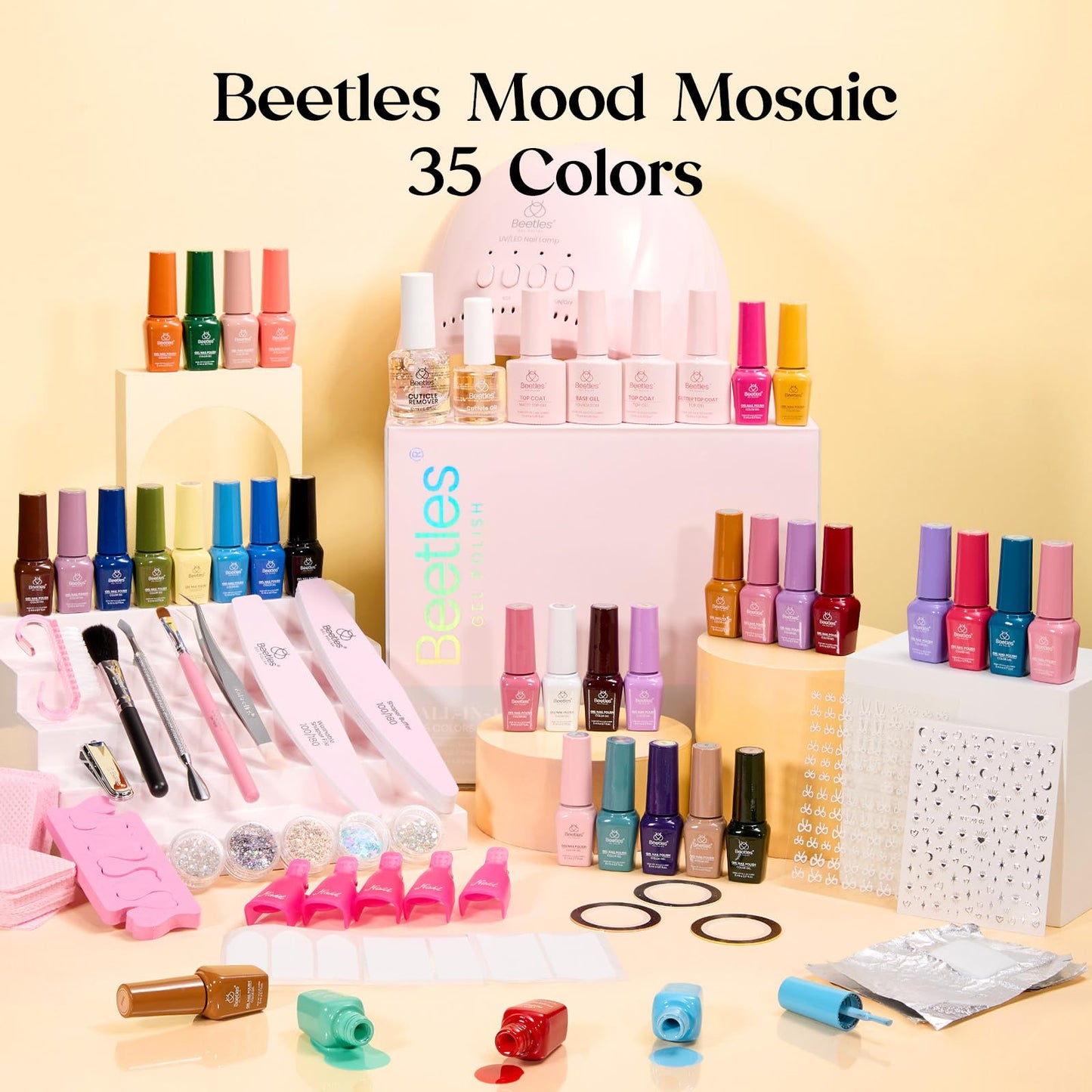 Beetles Gel Nail Polish Kit with U V Light -35 Colors Gel Polish Set 68 Pcs One Color One Bottle Mood Mosaic Nail Kit with Top Base Coat Beauty Must Have DIY Salon Manicure Gifts for Women