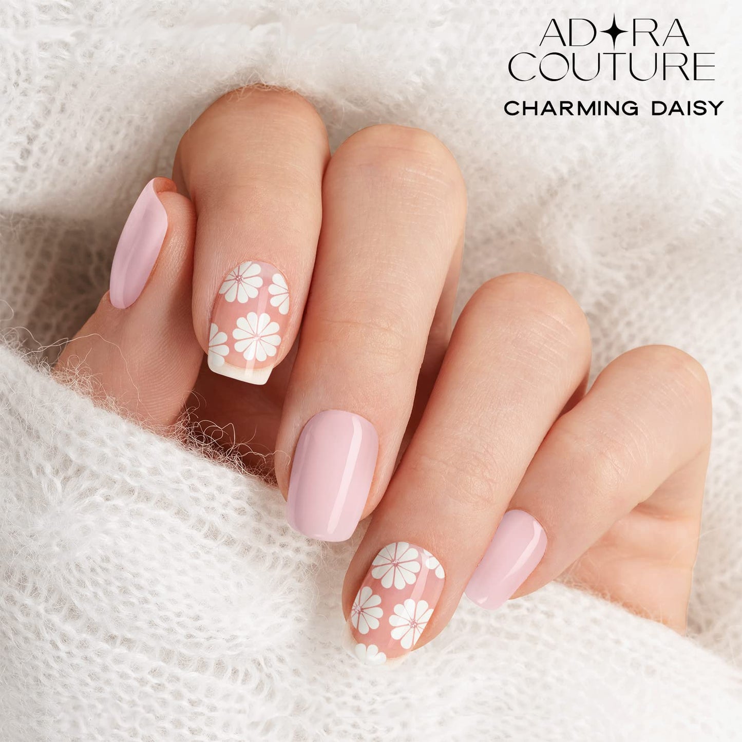 Adora Couture Semi Cured Gel Nail Strips with 30 Pieces - Salon Quality Manicure Kit for Women Easy Application Wraps Includes Prep Pads Nail File Wooden Stick, UV Light Required (Charming Daisy)