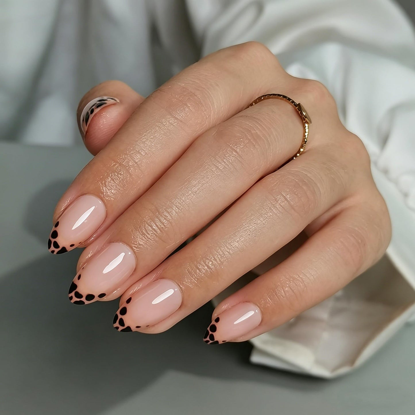 Nude Leopard French Tip Press on Nails, Short Almond Soft Gel Fake Nails, Reusable 32Pcs 16 Sizes with Glue for Women Daily Office Party