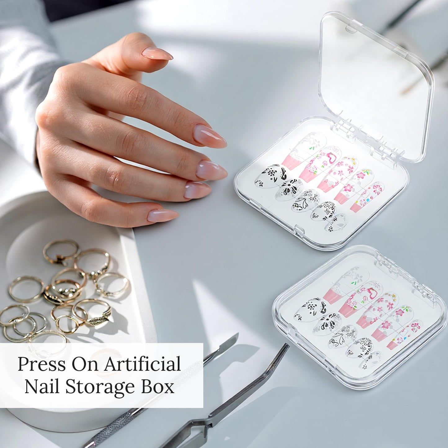 Molain 40 Pcs Clear Press on Nail Packaging Boxes Case with 10M Tape, Plastic Fake Nail Display Organizer Container for Storage Salon Business Jewelry 2.95x2.95 Inch