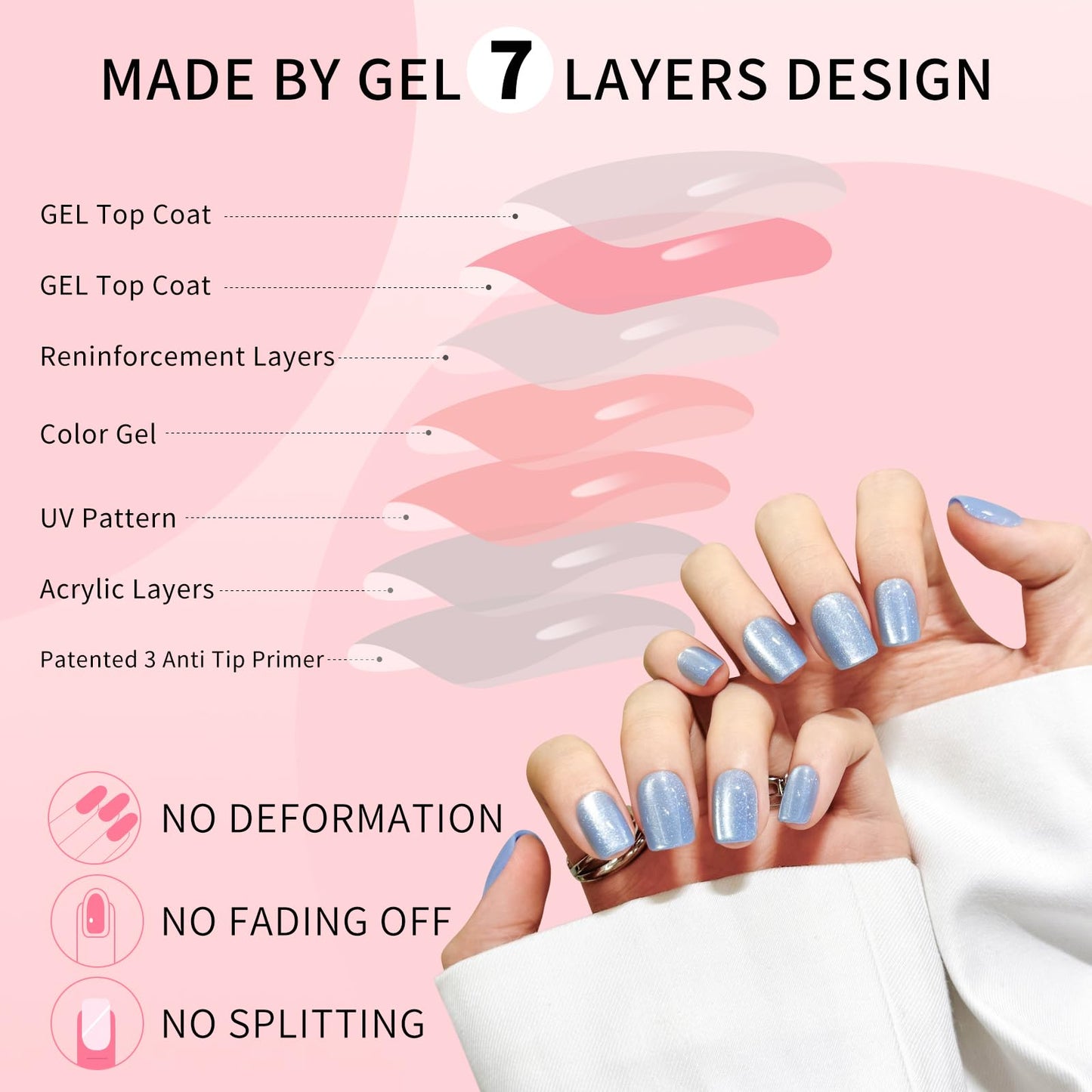 Blue Cat Eyes Press On Nails,12 Sizes - 24 Pcs Soft Gel Blue Short Squoval Fake Nails Kit with Nail Glue, Natural Reusable Stick On False Nails for Women and Girls SK1065