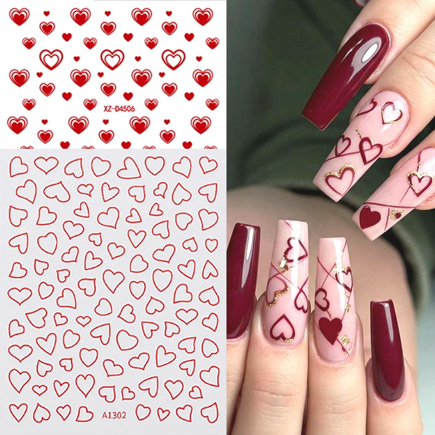 9Sheets Red Heart Nail Art Stickers 3D Romantic Valentines Nail Decals Self-Adhesive Cute Hollow Love Designs Nail Stickers for Acrylic Nails Red Lips Nail Decal for Women DIY Holiday Nails Decoration