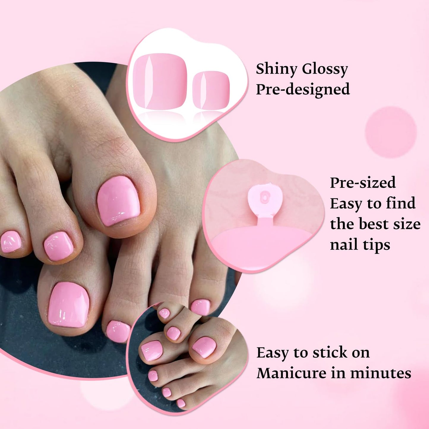 LoveOurHome 120pc Pink Press on Toenails Women Fake Toe Nails with Glue Tabs, Pink Fake Toenails Press on Toe Nails Glue on Toenail Acrylic Toes Nail Tips Artificial False Toenail for Women Girls