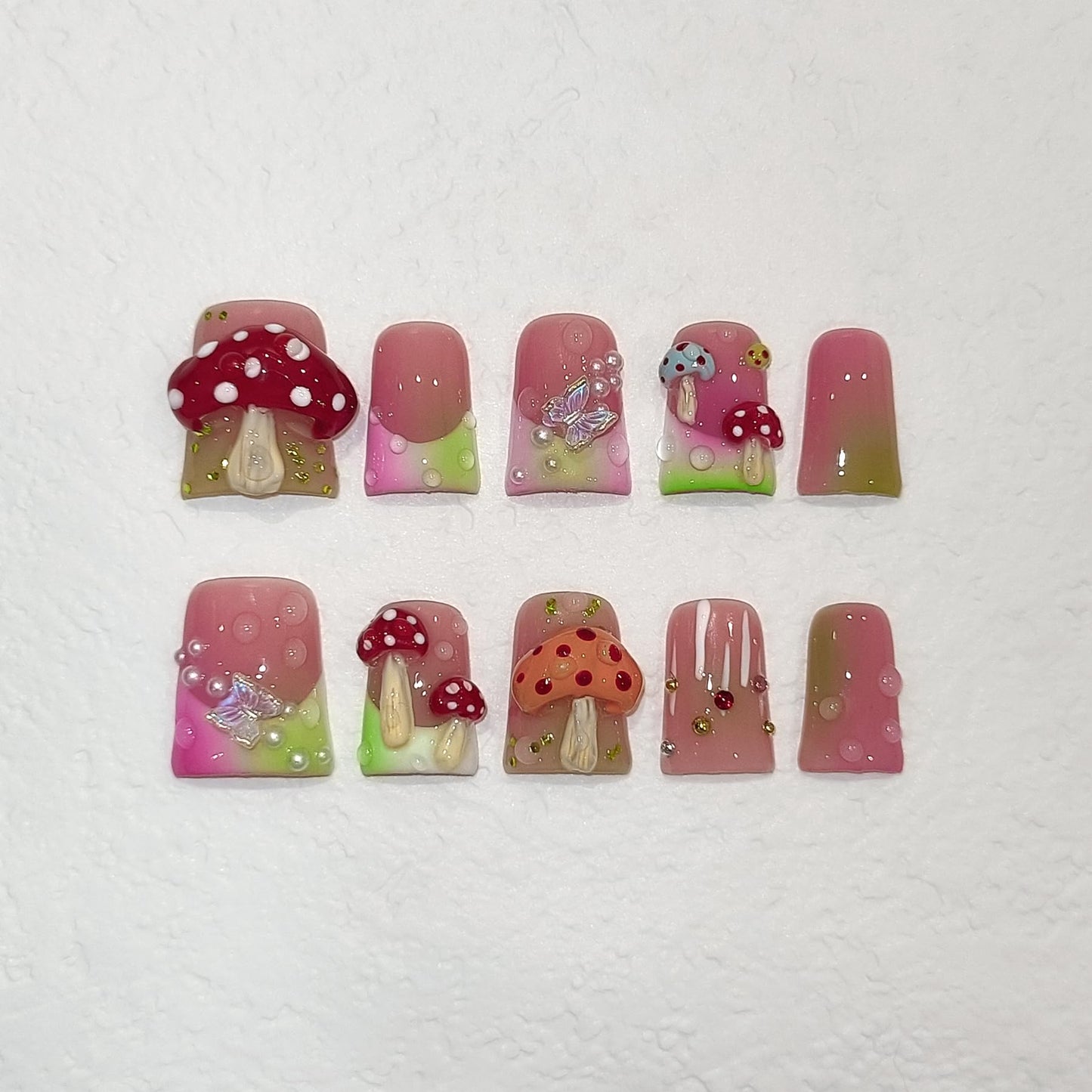 TENPAL Duckbill Coffin Ballerina Shape Fake Nails,Ombre French Tips Press on Nails 10 Pcs with Tool Kit,3D Butterfly Mushroom Embossed Design Glue on Nails with Pearl & Rhinestone Cute Fake Nails（S)