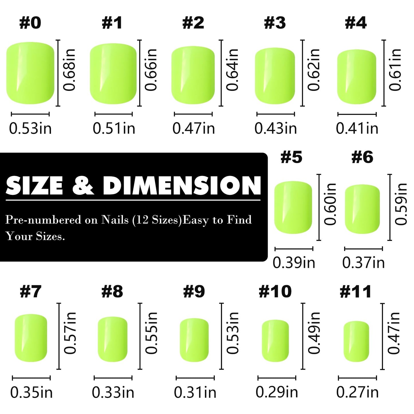 LuckForever Short Press on Nails 240pc Glossy Neon Yellow Press on Nails Short Square Round Fake Nails Full Cover 10 Sheets Nail Adhesive Tabs,Small Wooden Sticks and Nail Files False Nails for Women