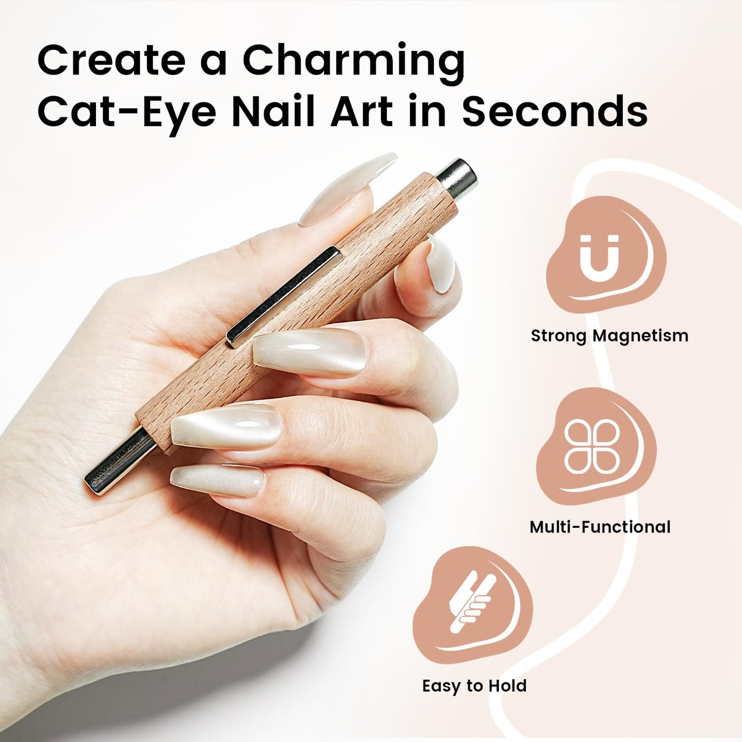 JODSONE 3-in-1 Cat Eye Magnet for Nails, Cylindrical & Square Magnets Nail Art Pens,Multi-Function Strong Magnet Nail Art Tool for Cat Eye Design DIY(Magnet Only, No Gel Included)
