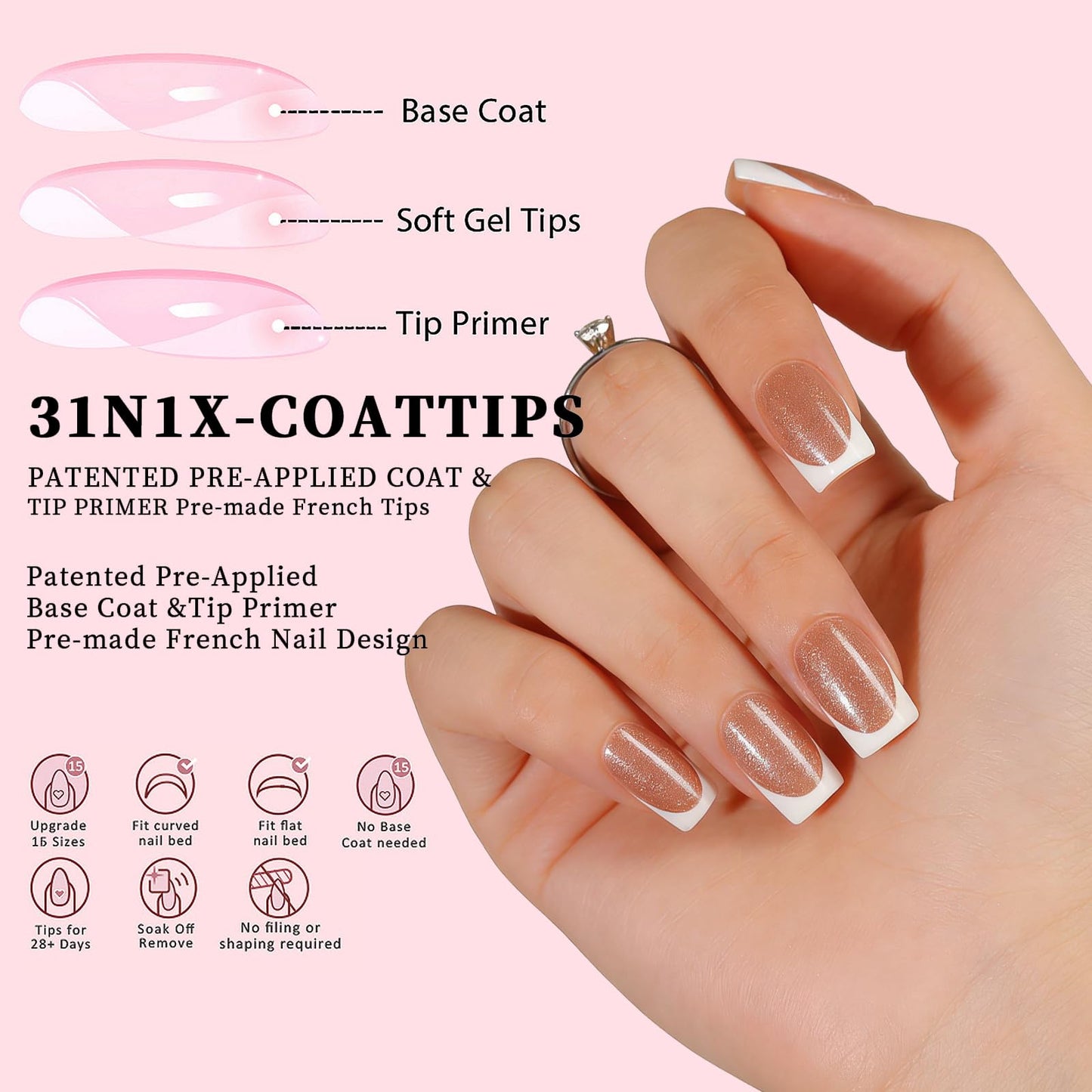 Dsixnails 160Pcs Short Brown Glitter Base French Gel Nail Tips 16Sizes, Square Soft French Tip Press On Nails, Pre-Lasting Acrylic Fake Nails, Soak Off Full Cover Nails Extension for Women Girl