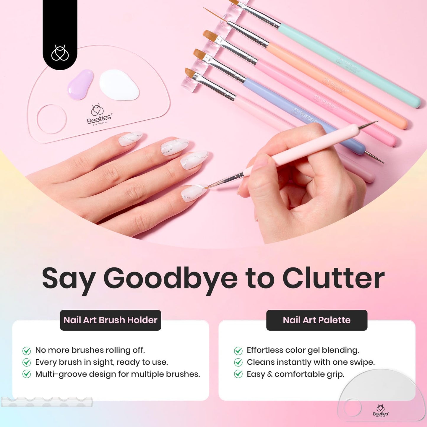 Beetles 7 Pc Double-ended Nail Art Brushes Set - Synthetic Fibers - Gel Polish Design Pen Liner, Flat, Oval, Petal, Gradient, Dotting Brushes - DIY Nail Art Kit - Gifts for Women