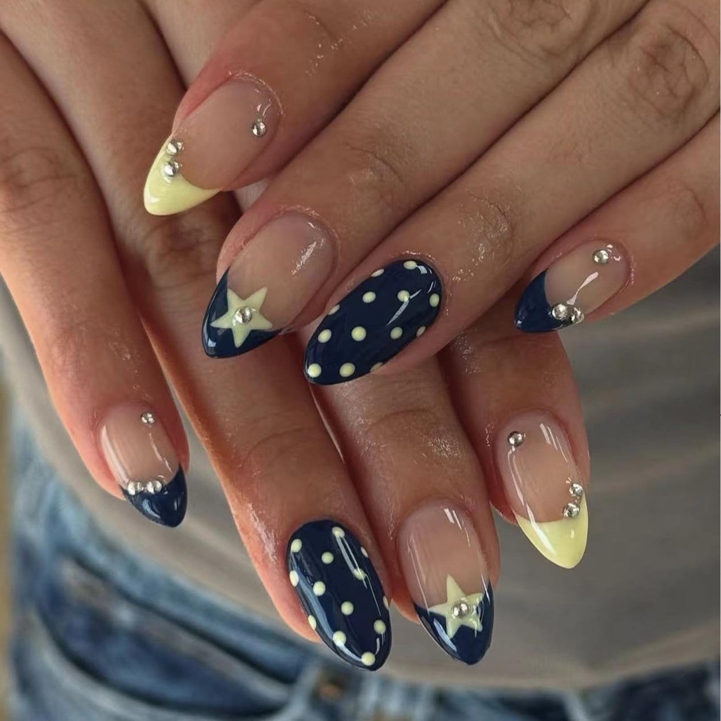 IMRAIN Polka Dot Press on Nails Medium Almond Fake Nails Glossy Blue Yellow Glue on Nails Cute French Nail Tips Acrylic Gel False Nails for Women Girls